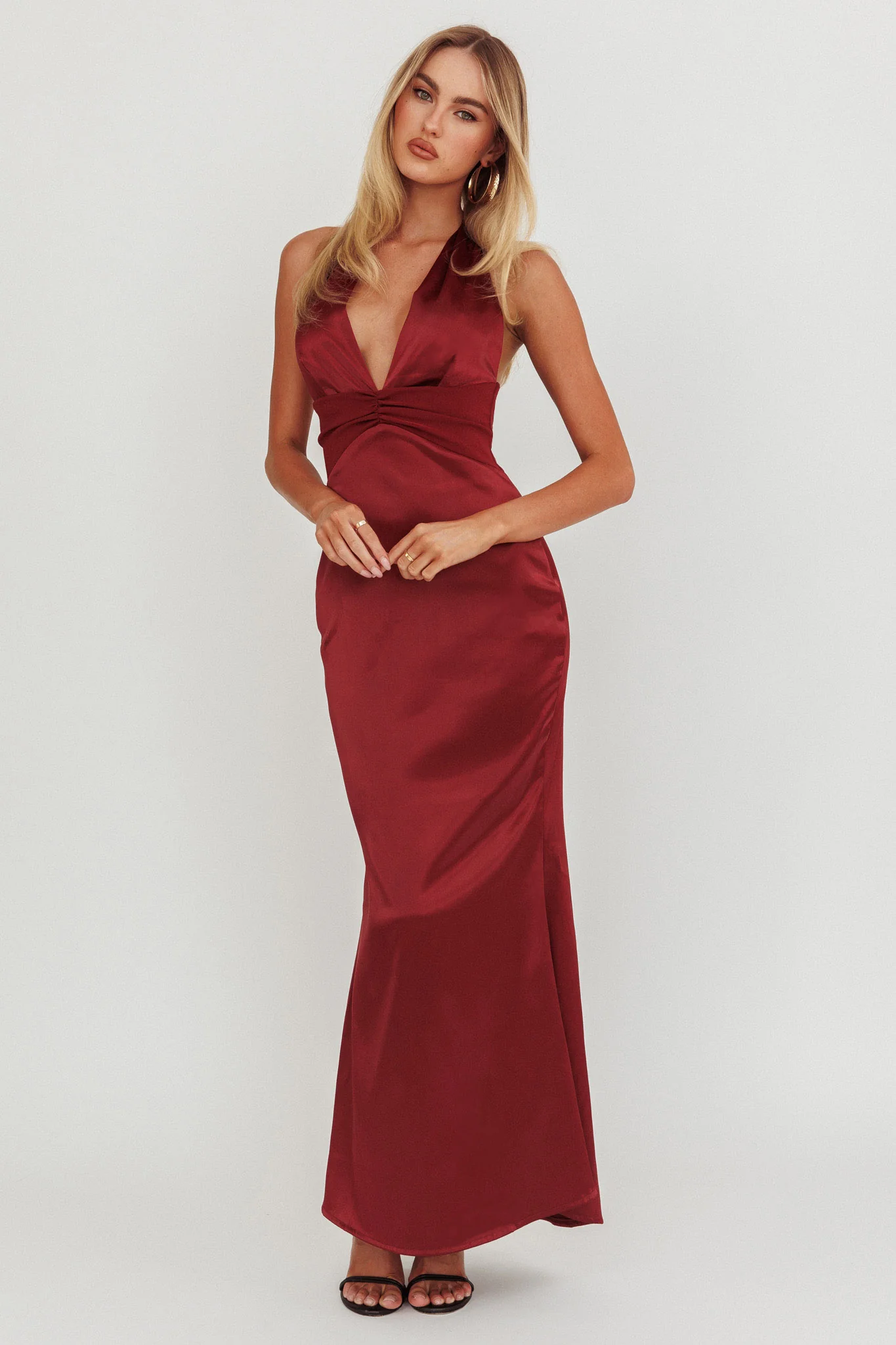 Italia Azure Pleat Bodice Halterneck Maxi Dress Wine - luluinthesky