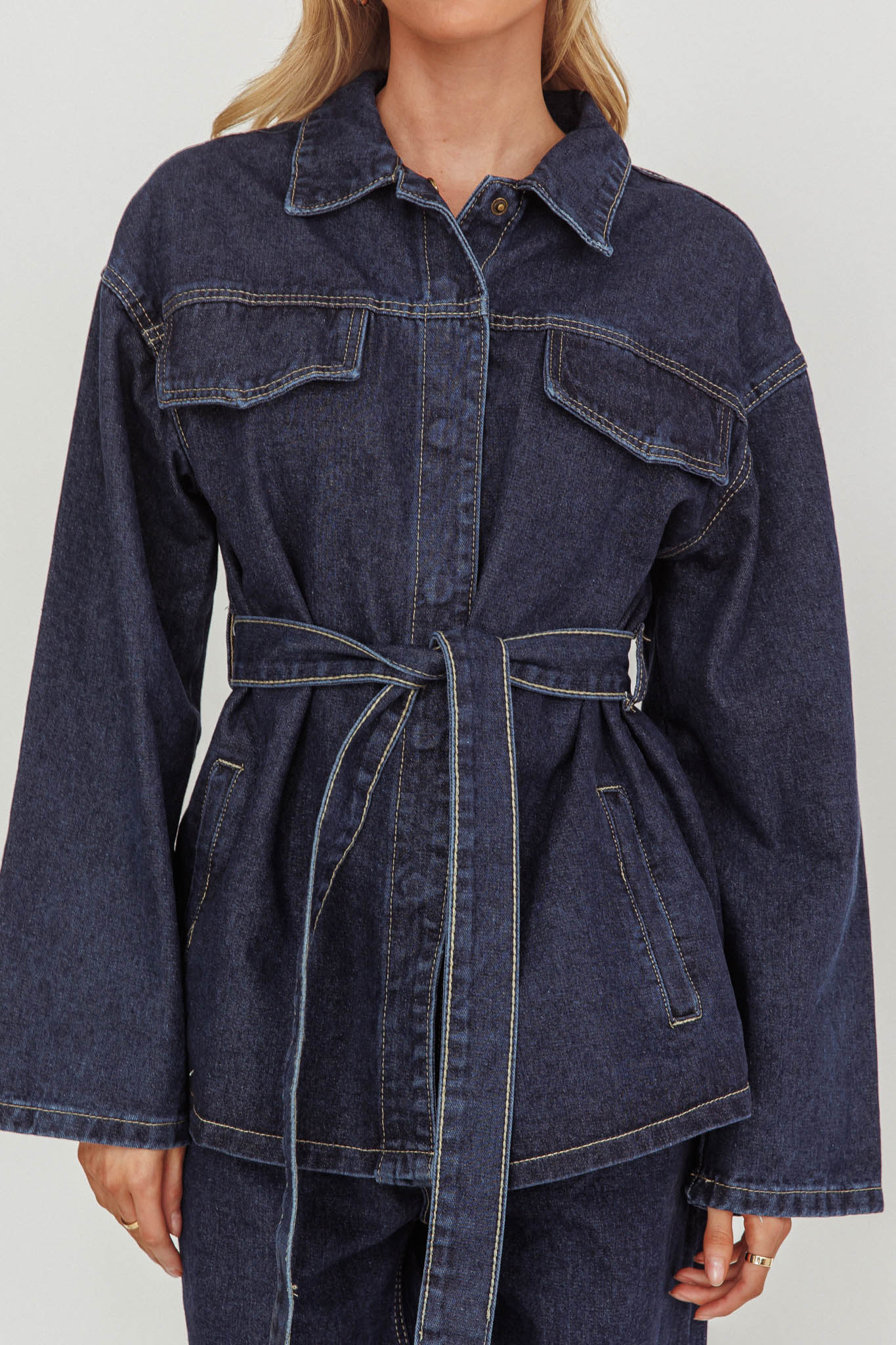 Belisse Waist Tie Button Jacket Denim Blue - luluinthesky