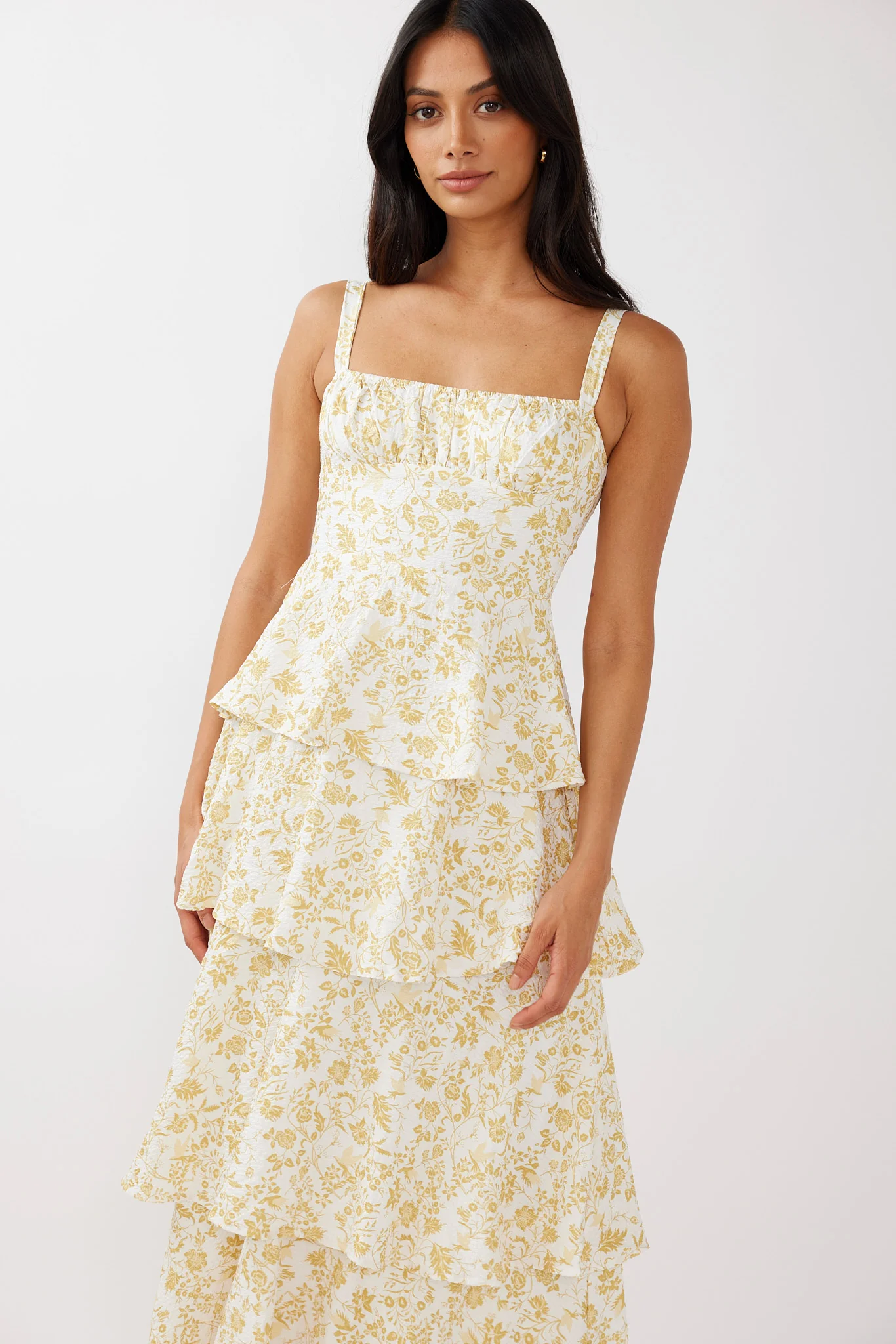 Provence Bloom Tiered Midi Dress Floral Yellow - luluinthesky