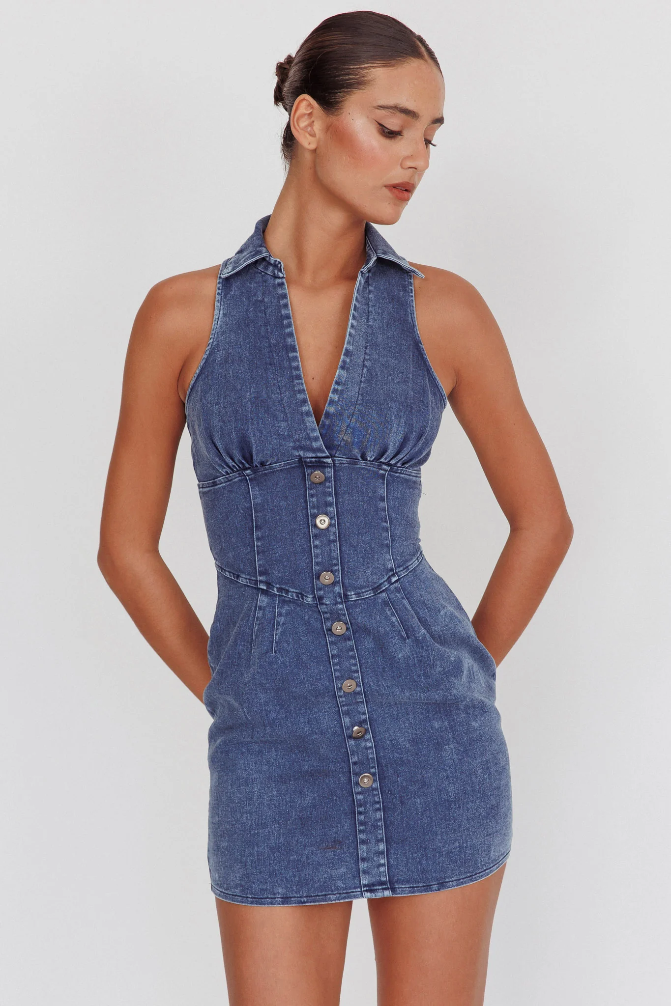 South Beach Faux Button Collared Dress Dark Denim - luluinthesky