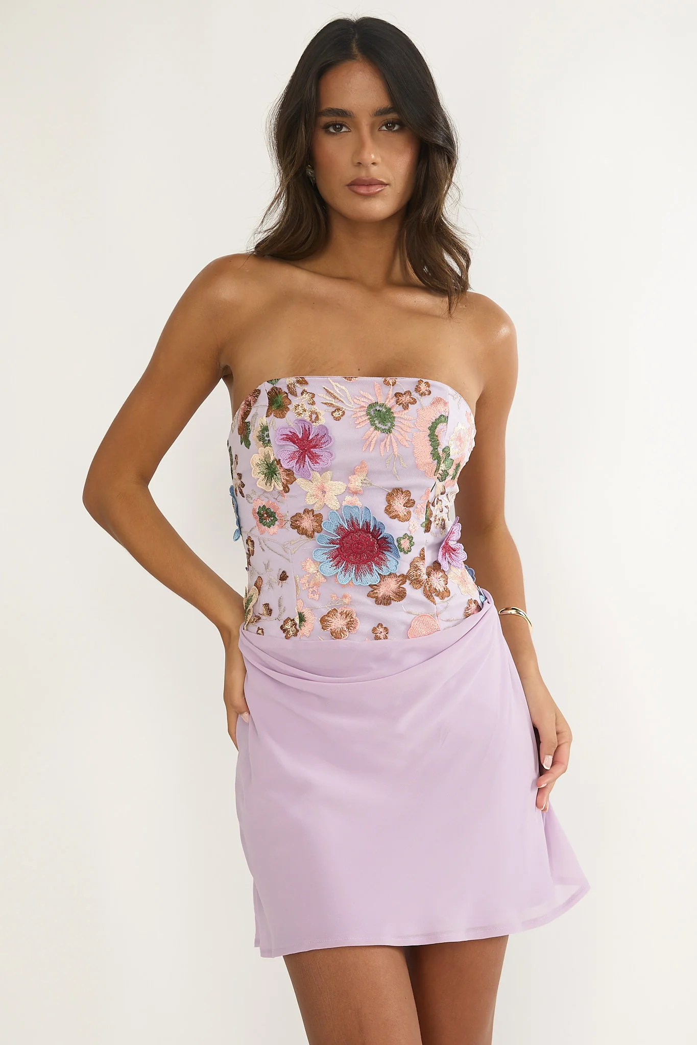 Ulyssia Strapless Floral Embellished Mini Dress Purple - luluinthesky