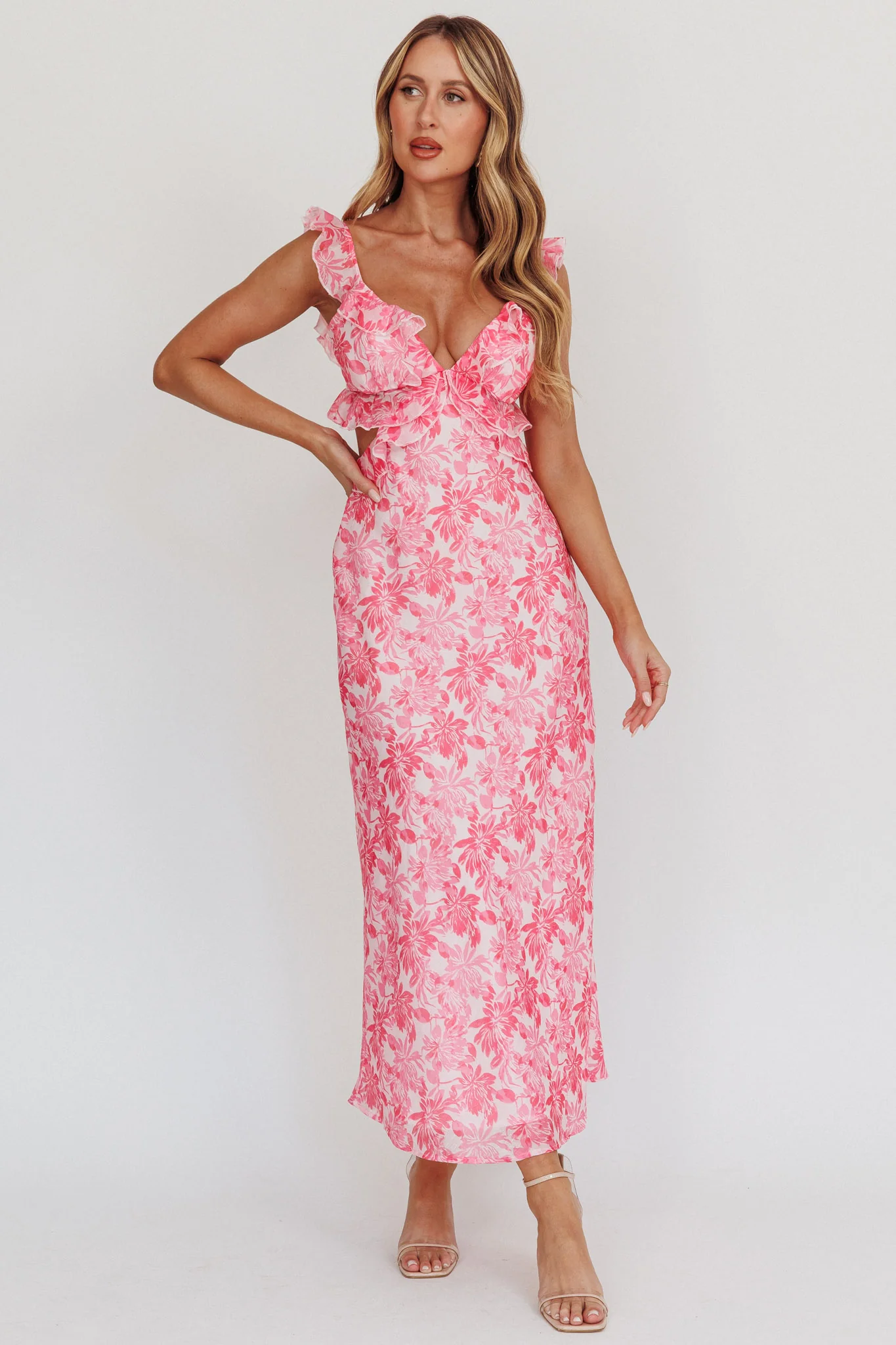 Second Chances Ruffle Trim Maxi Dress Floral Pink - luluinthesky