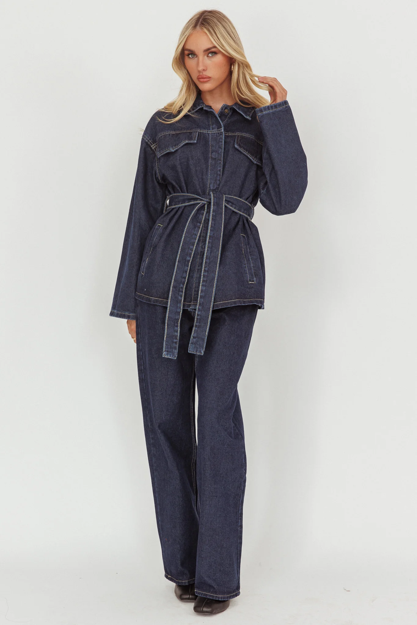 Belisse Waist Tie Button Jacket Denim Blue - luluinthesky