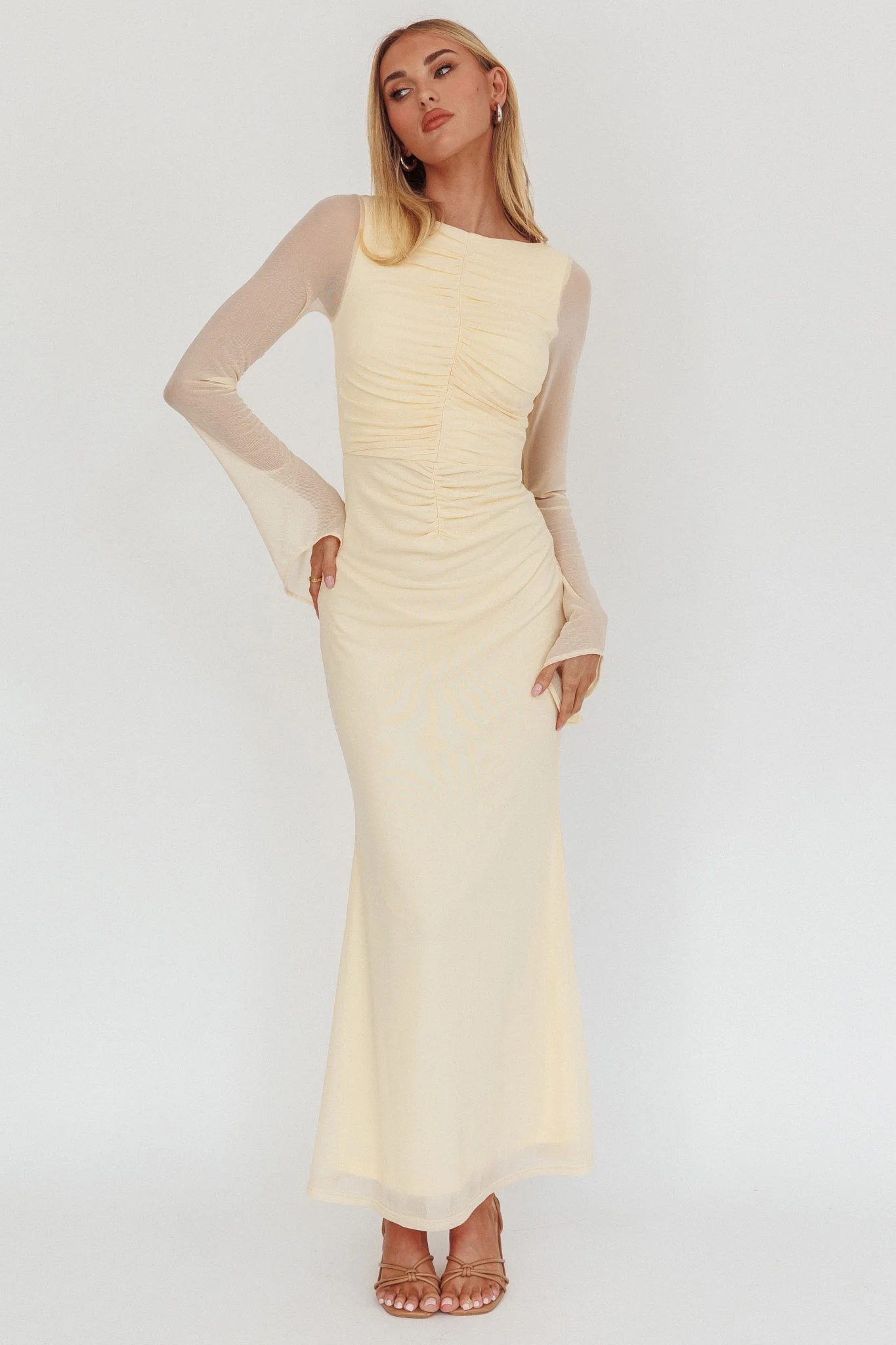 Luna Love Long Sleeve Mesh Maxi Dress Cream - luluinthesky