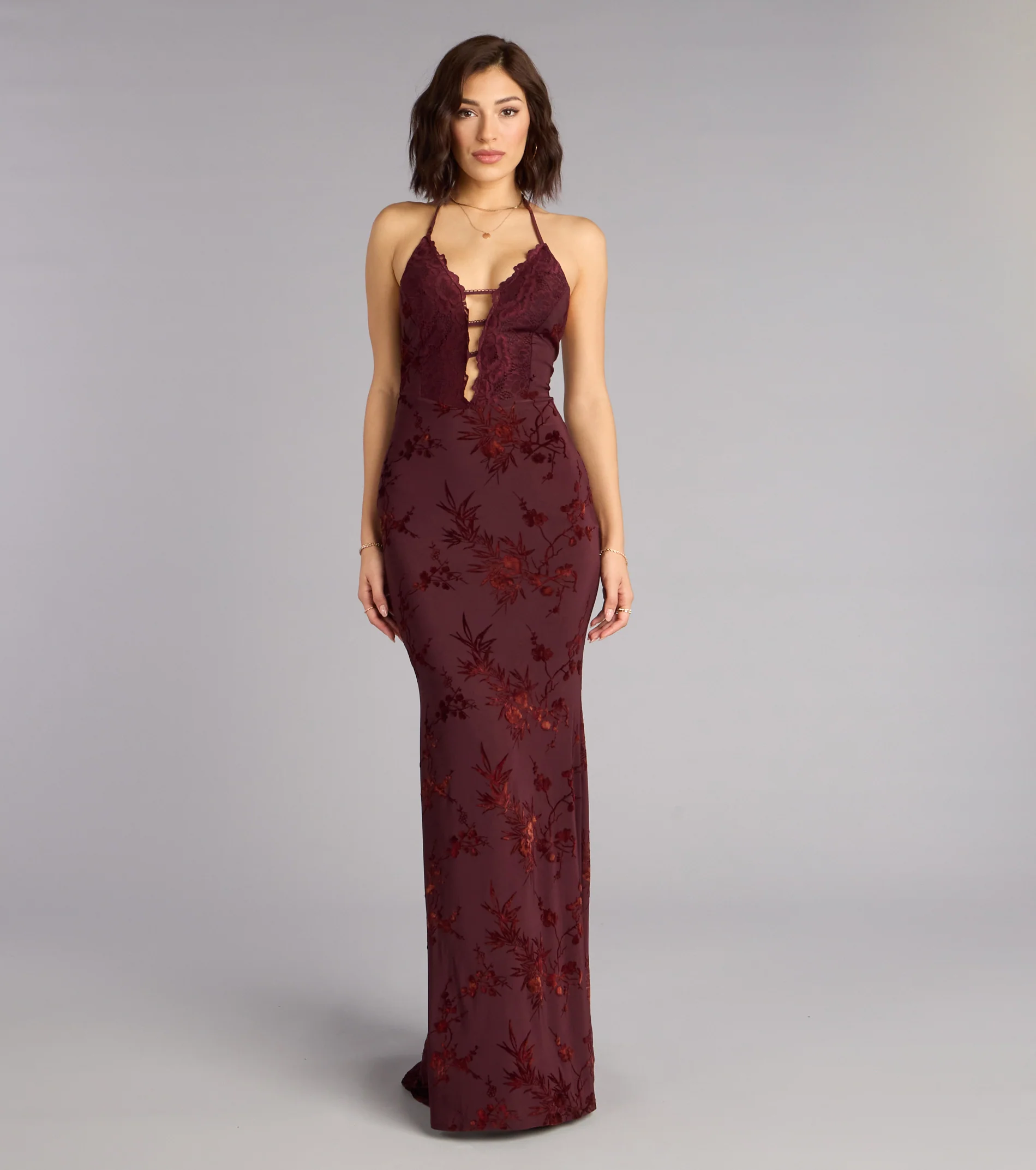 Erin Flocked Velvet Lace-Up Mermaid Formal Dress - luluinthesky