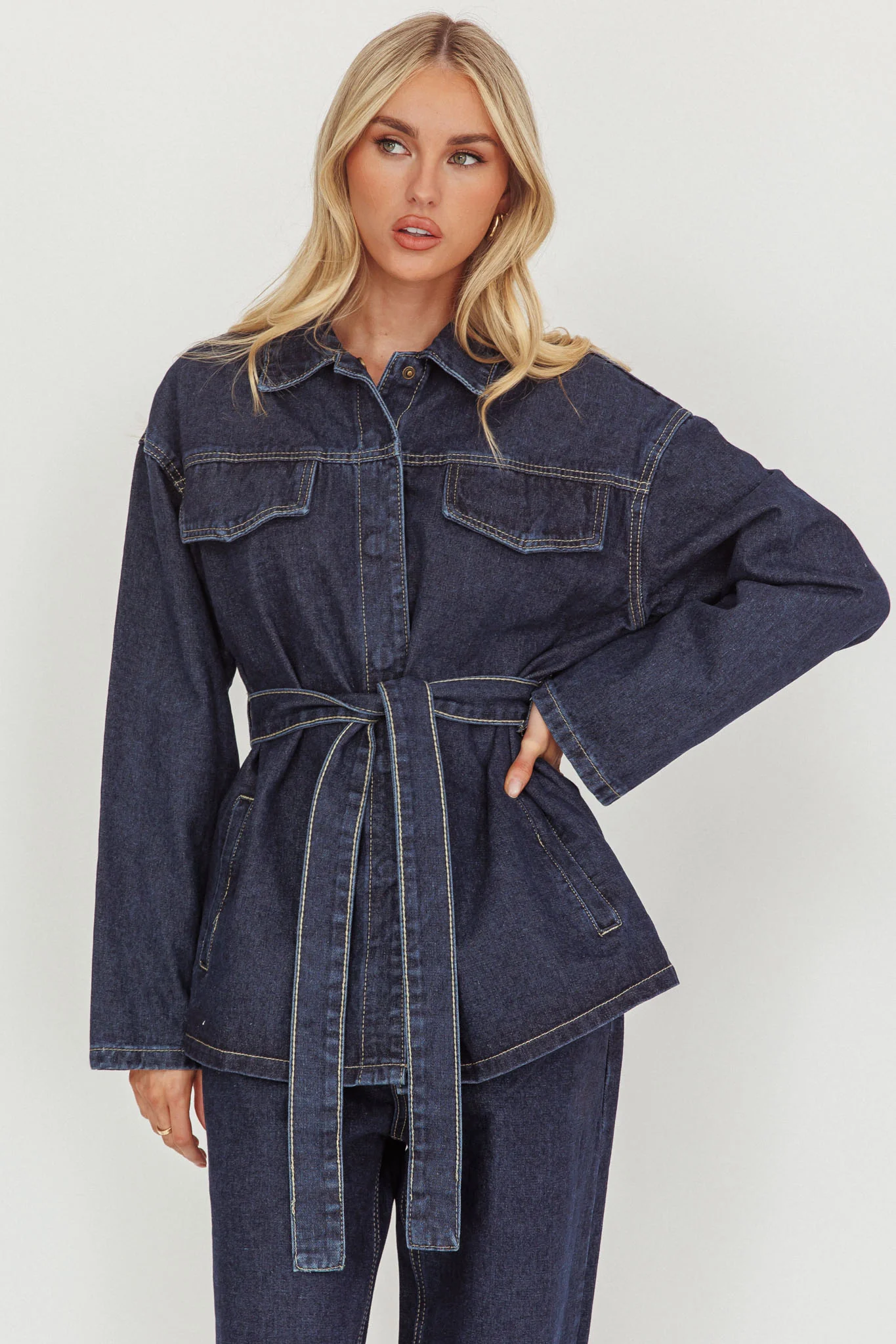 Belisse Waist Tie Button Jacket Denim Blue - luluinthesky