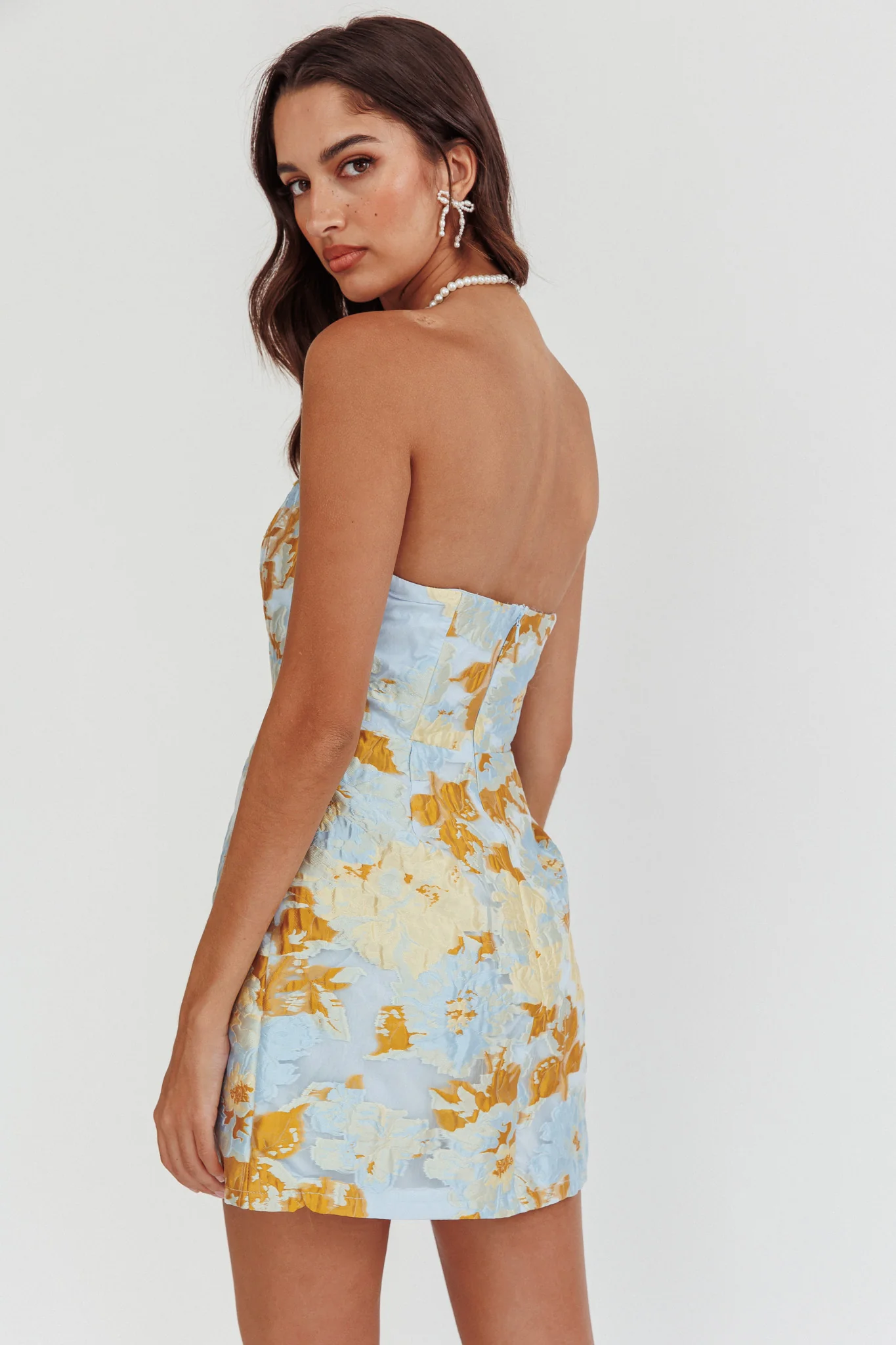 Marlina Strapless Jacquard Mini Dress Blue - luluinthesky