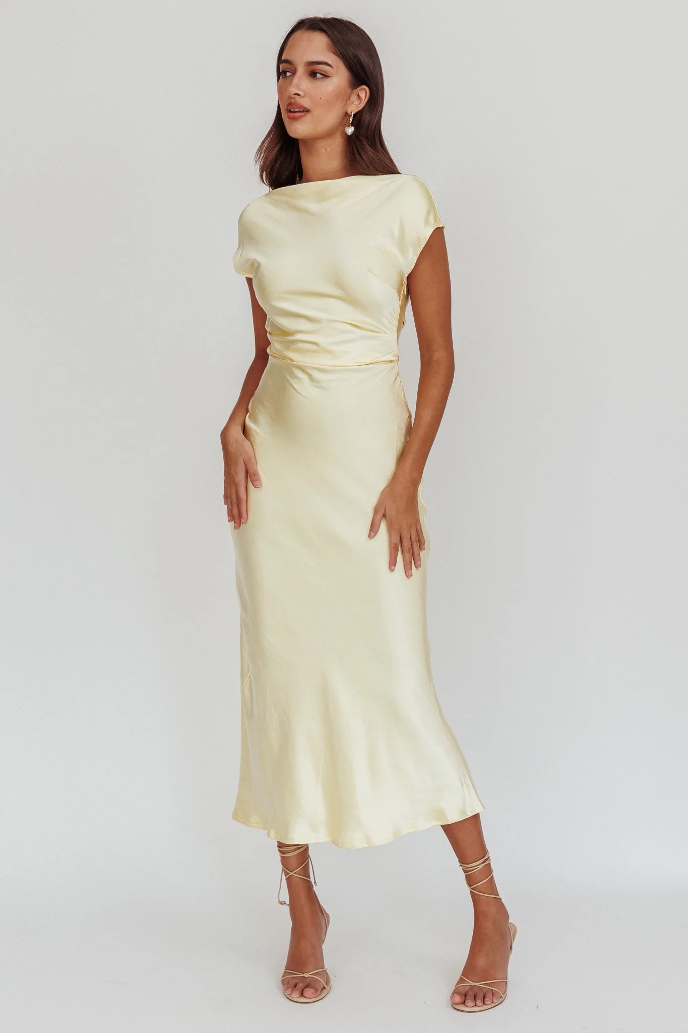 Loveland Cap Sleeve Cowl Back Midi Dress Butter - luluinthesky