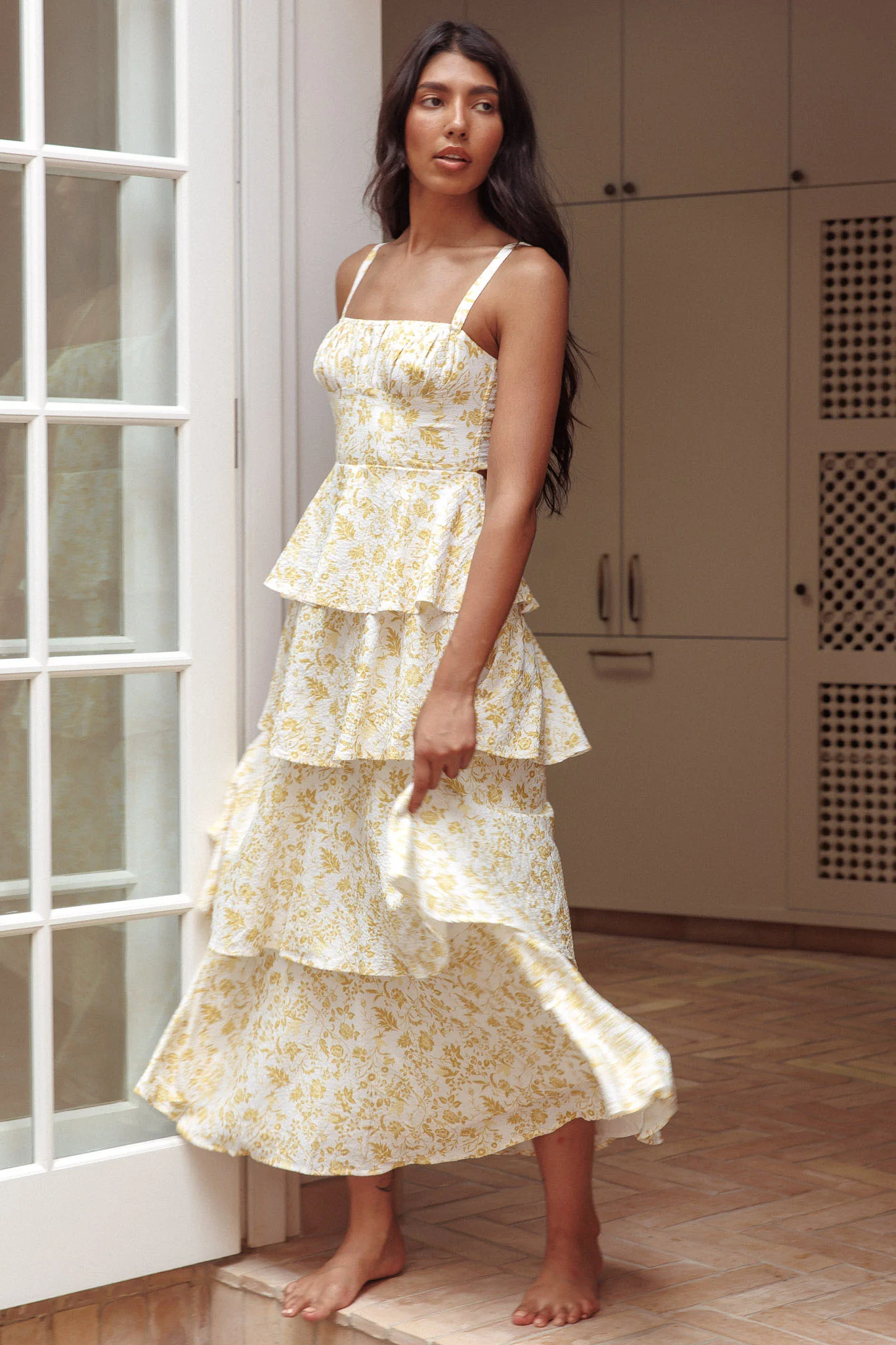 Provence Bloom Tiered Midi Dress Floral Yellow - luluinthesky