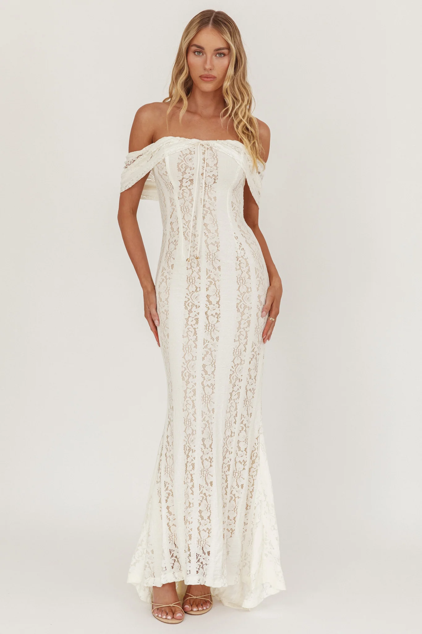 Enigma Off-Shoulder Maxi Dress Lace Cream - luluinthesky