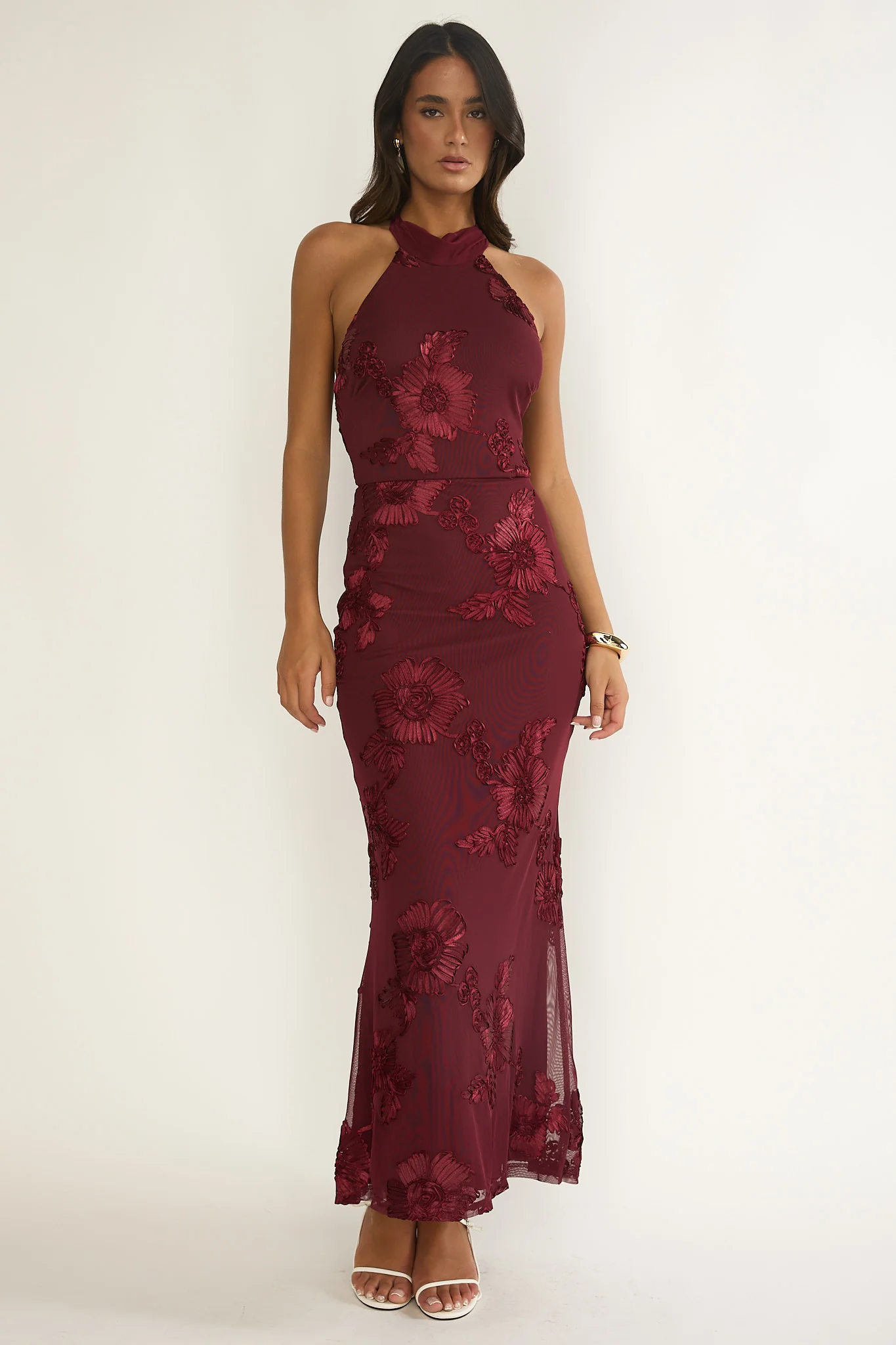 Shana Halterneck Maxi Dress Embellished Wine - luluinthesky