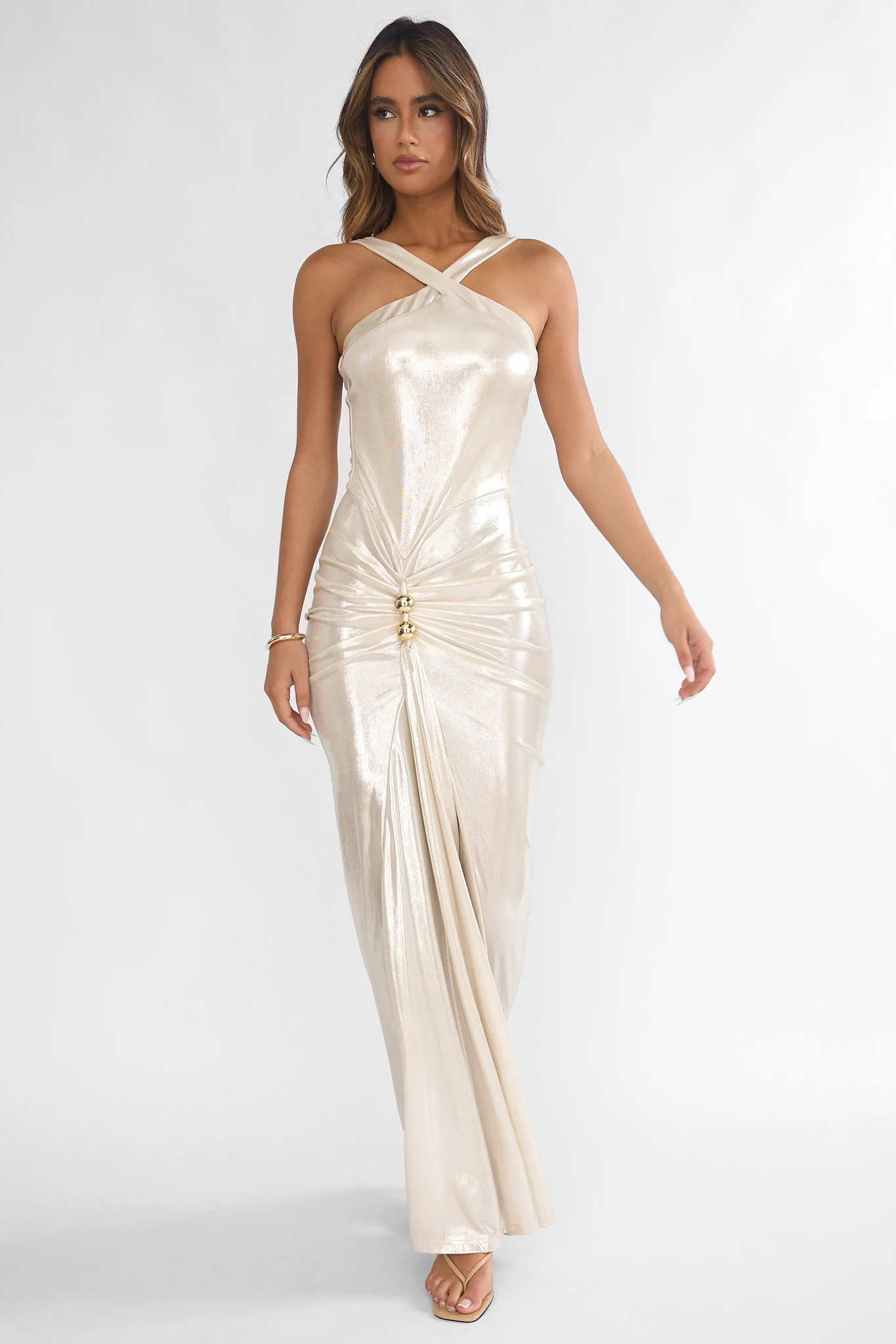 Delaina Ruched Waist Gold Accent Maxi Dress Pearl - luluinthesky