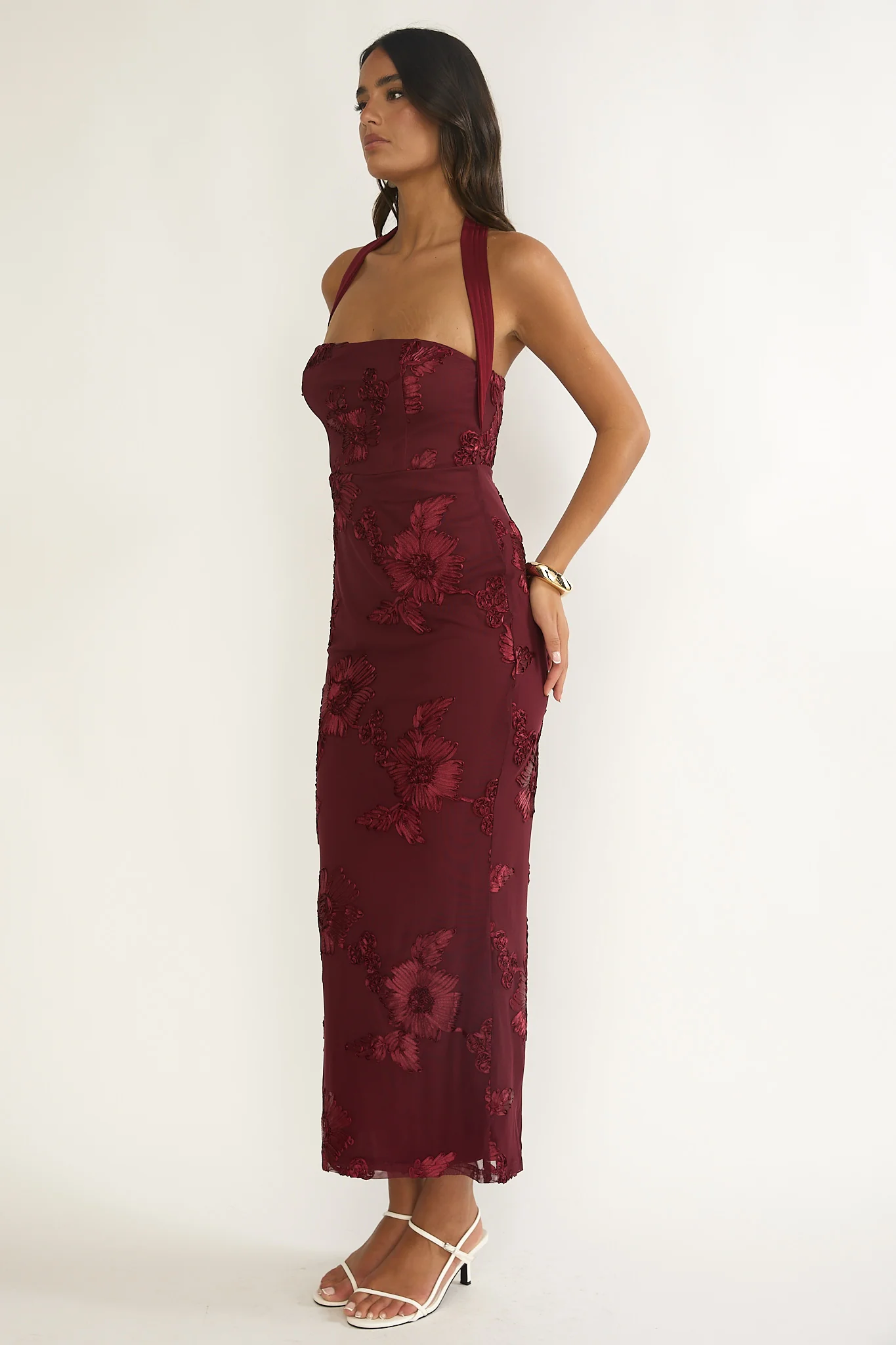 Serenya Halterneck Embellished Maxi Dress Wine - luluinthesky