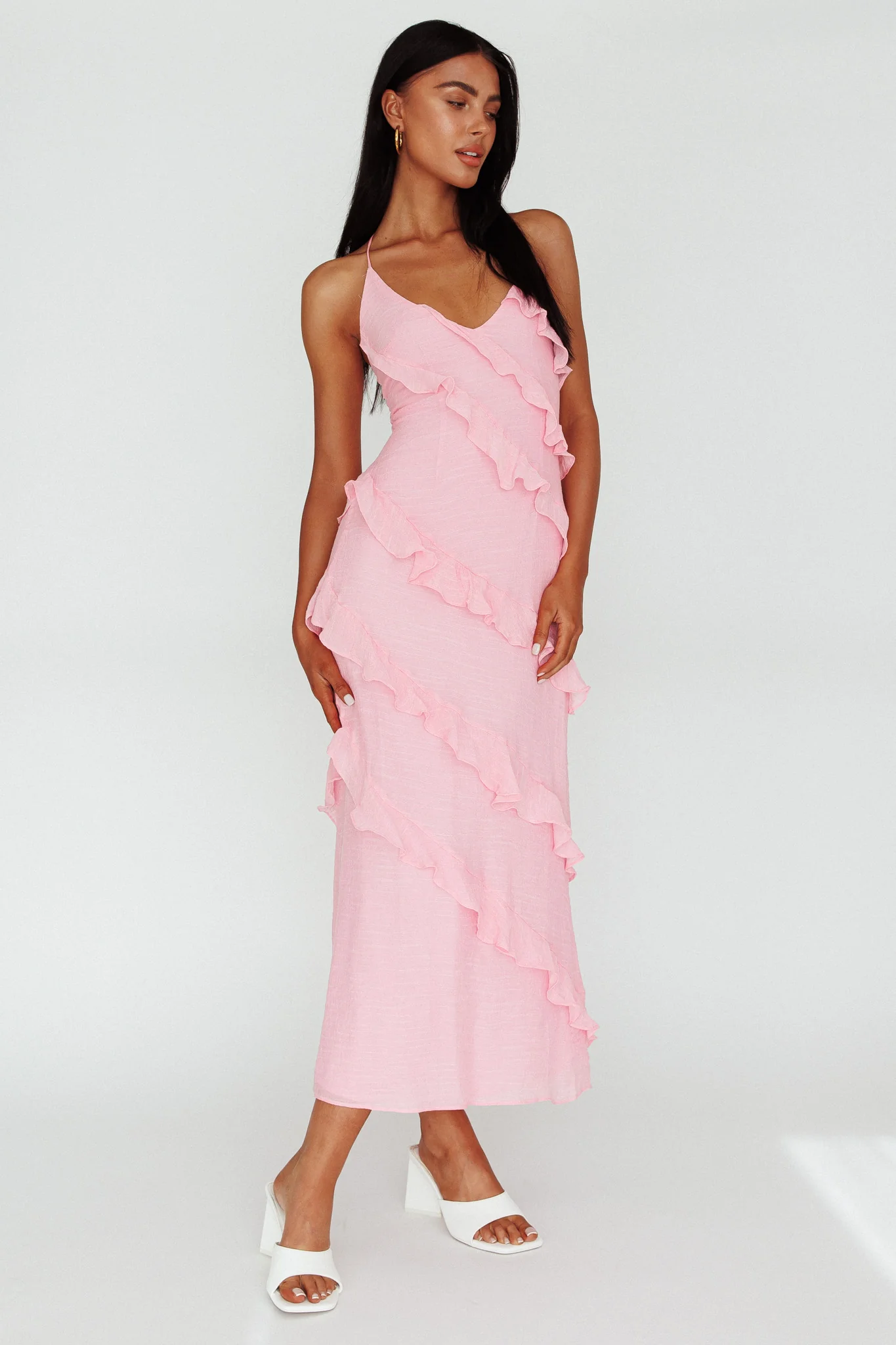 Arrabel Halterneck Ruffle Maxi Dress Pink - luluinthesky