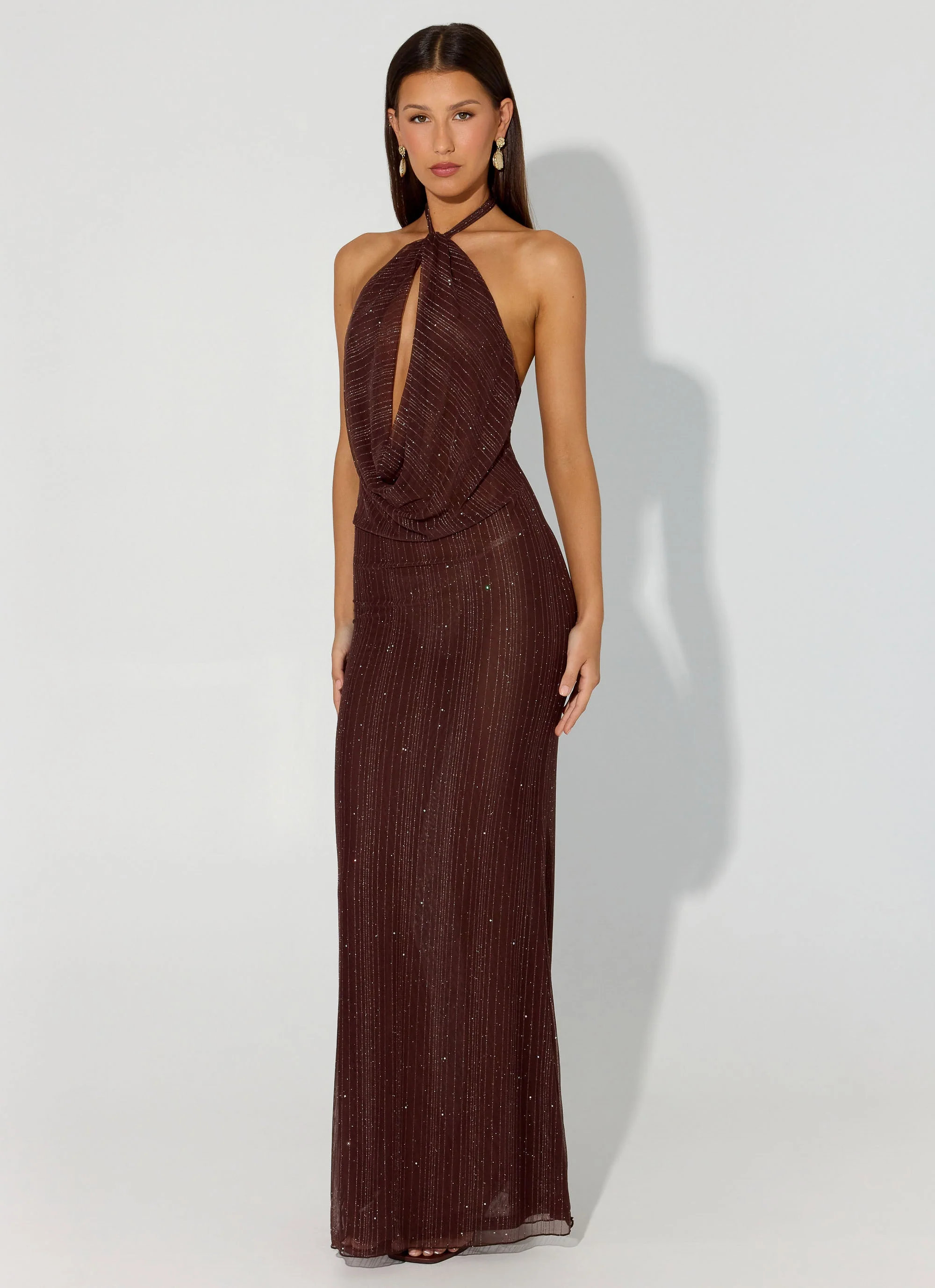 Haylan Sparkle Mesh Maxi Dress - Chocolate - luluinthesky