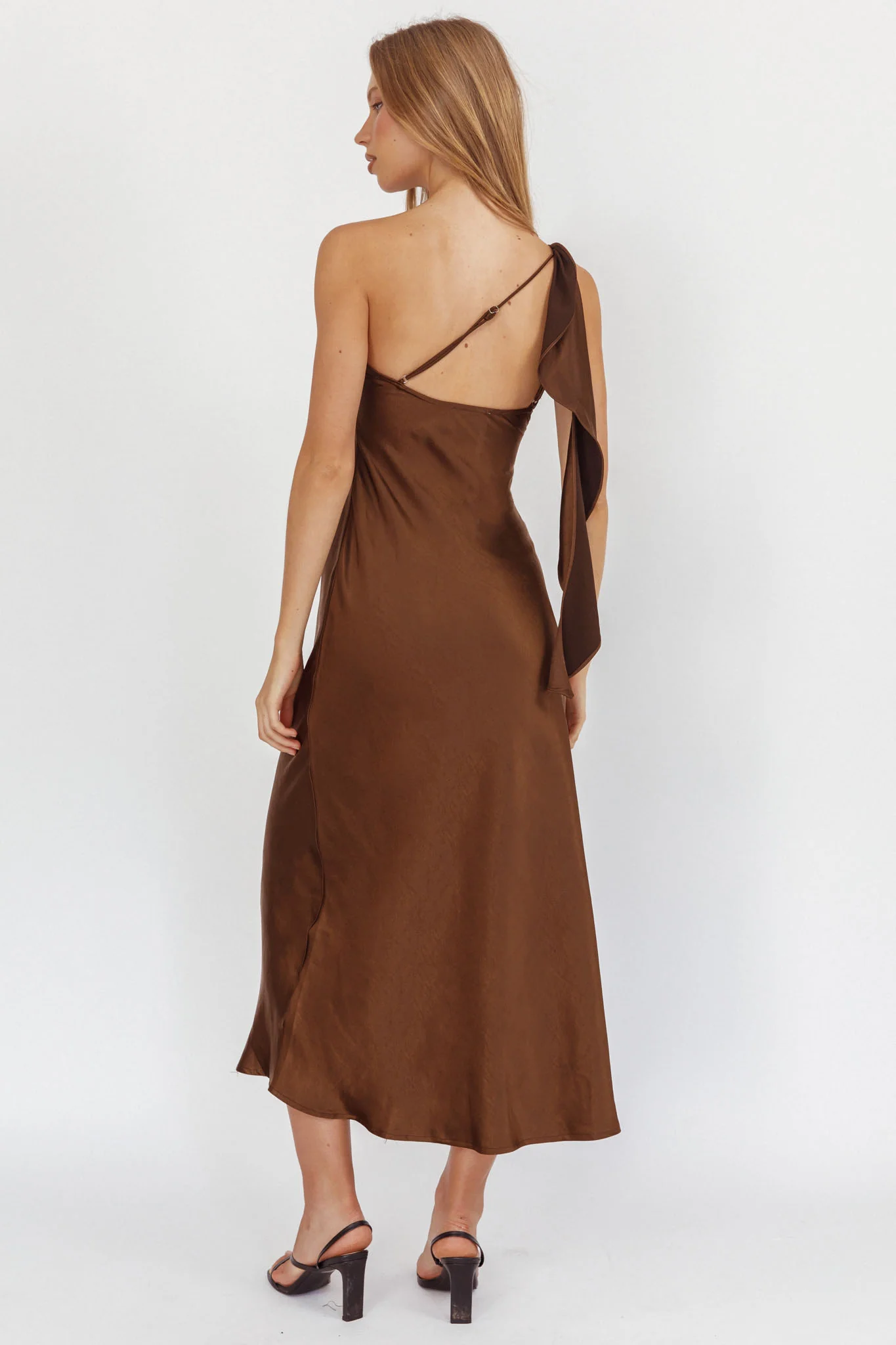 Carmel One-Shoulder Sash Maxi Dress Chocolate - luluinthesky