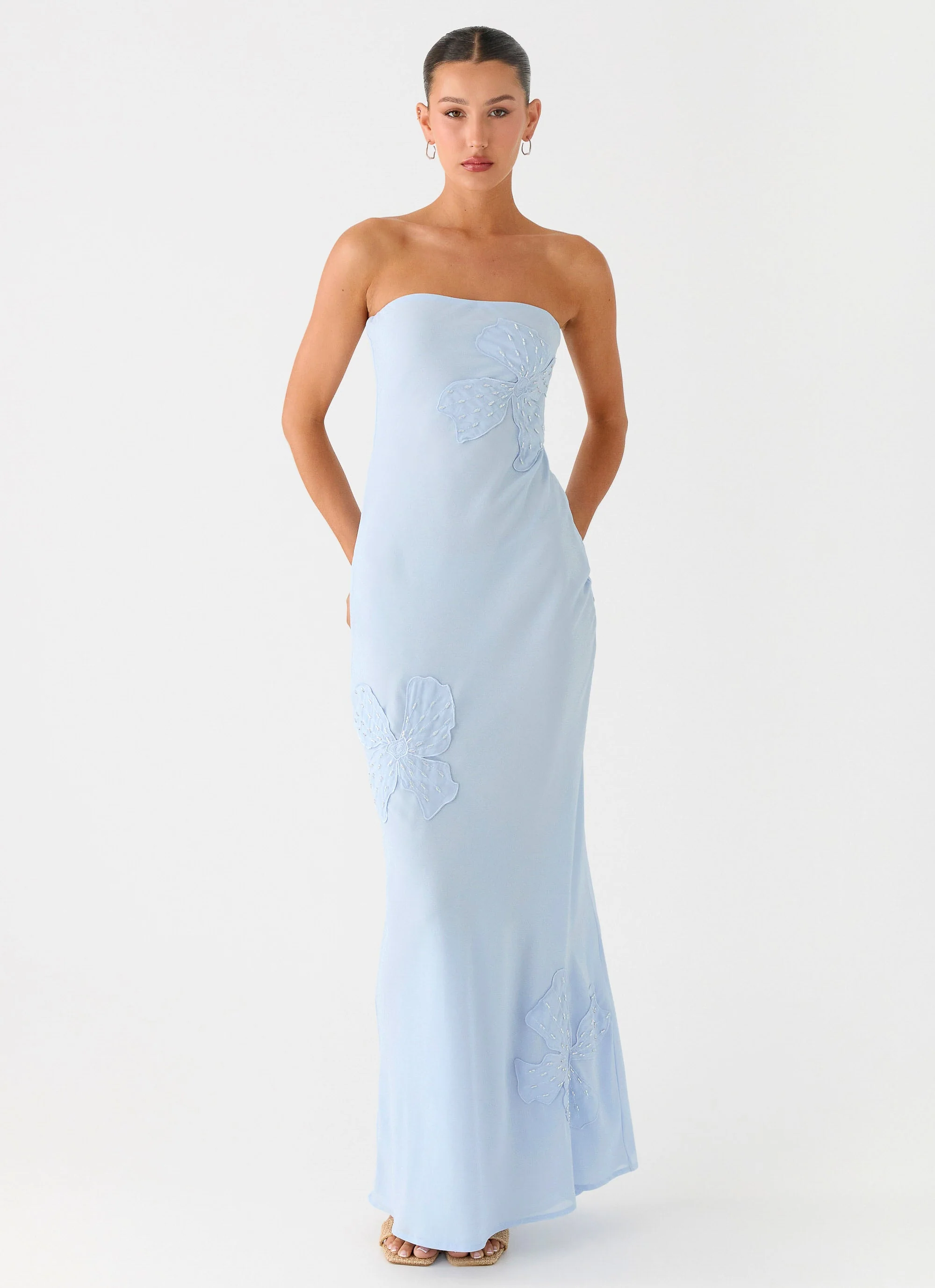 Sassafras Beaded Flower Strapless Maxi Dress - Blue - luluinthesky