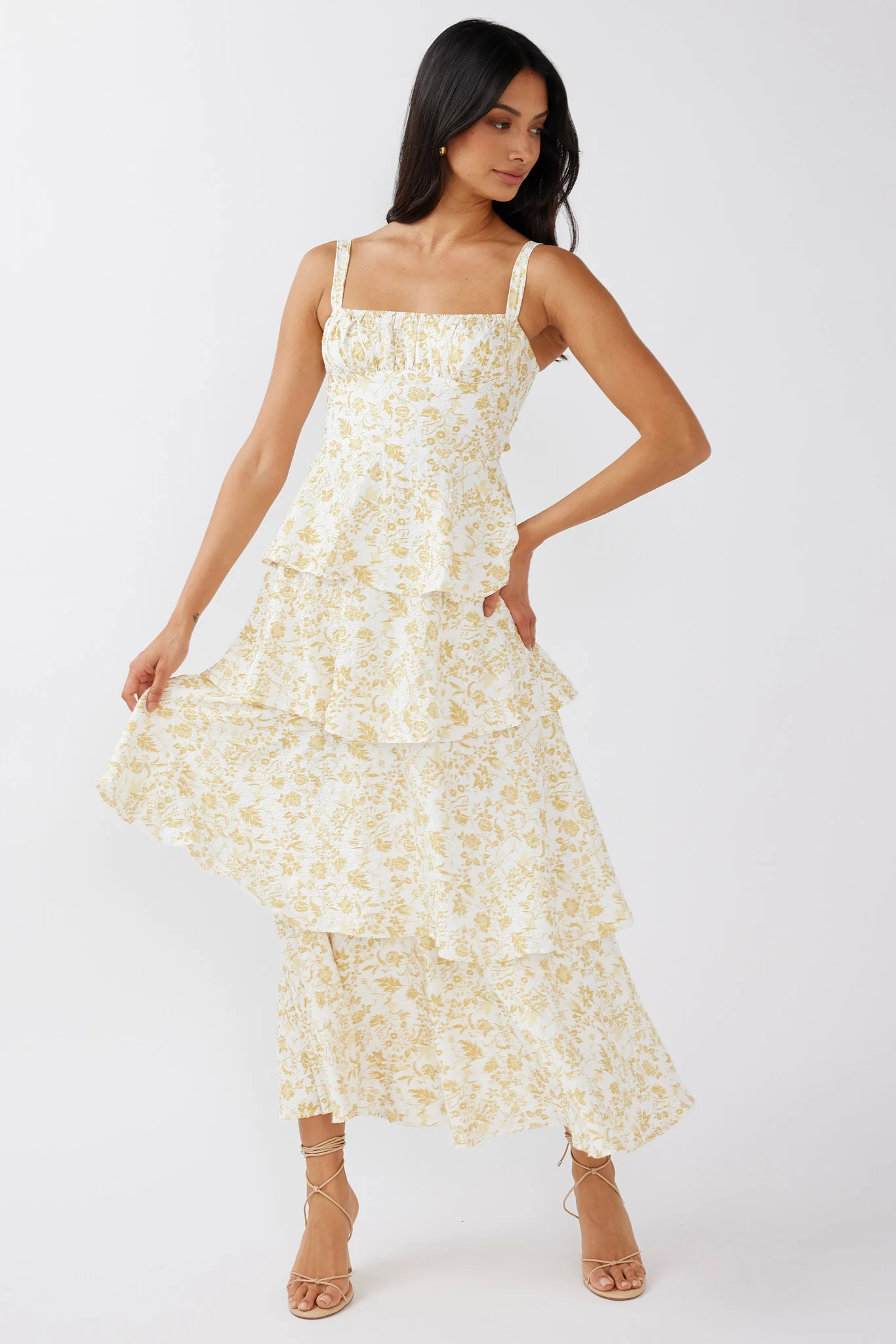Provence Bloom Tiered Midi Dress Floral Yellow - luluinthesky