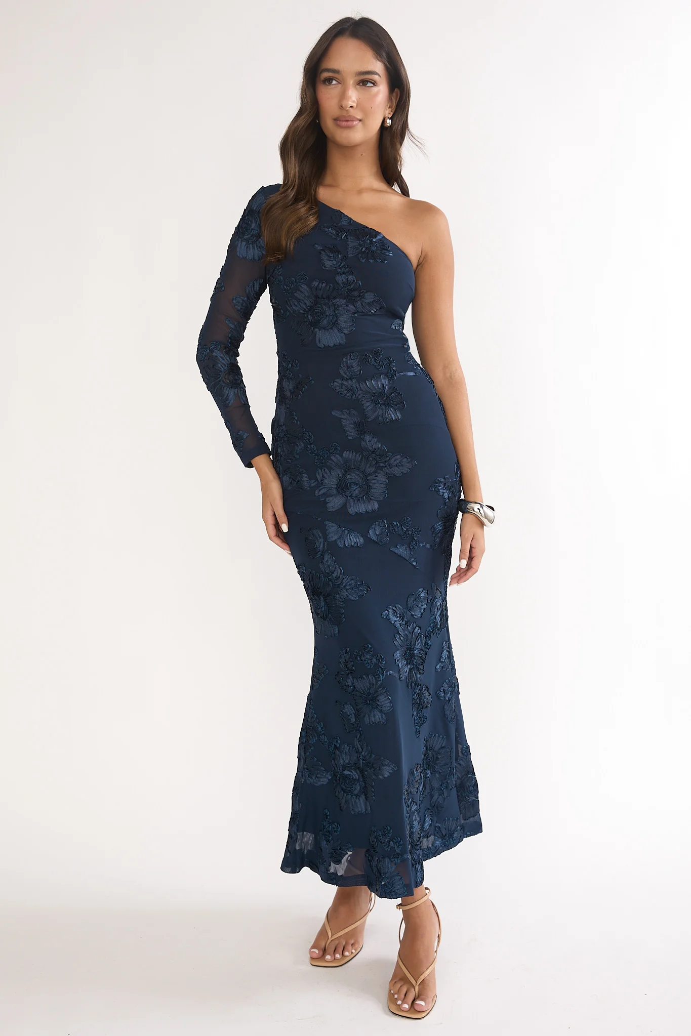 Deanna One-Shoulder Sleeve Maxi Dress Embellished Navy - luluinthesky