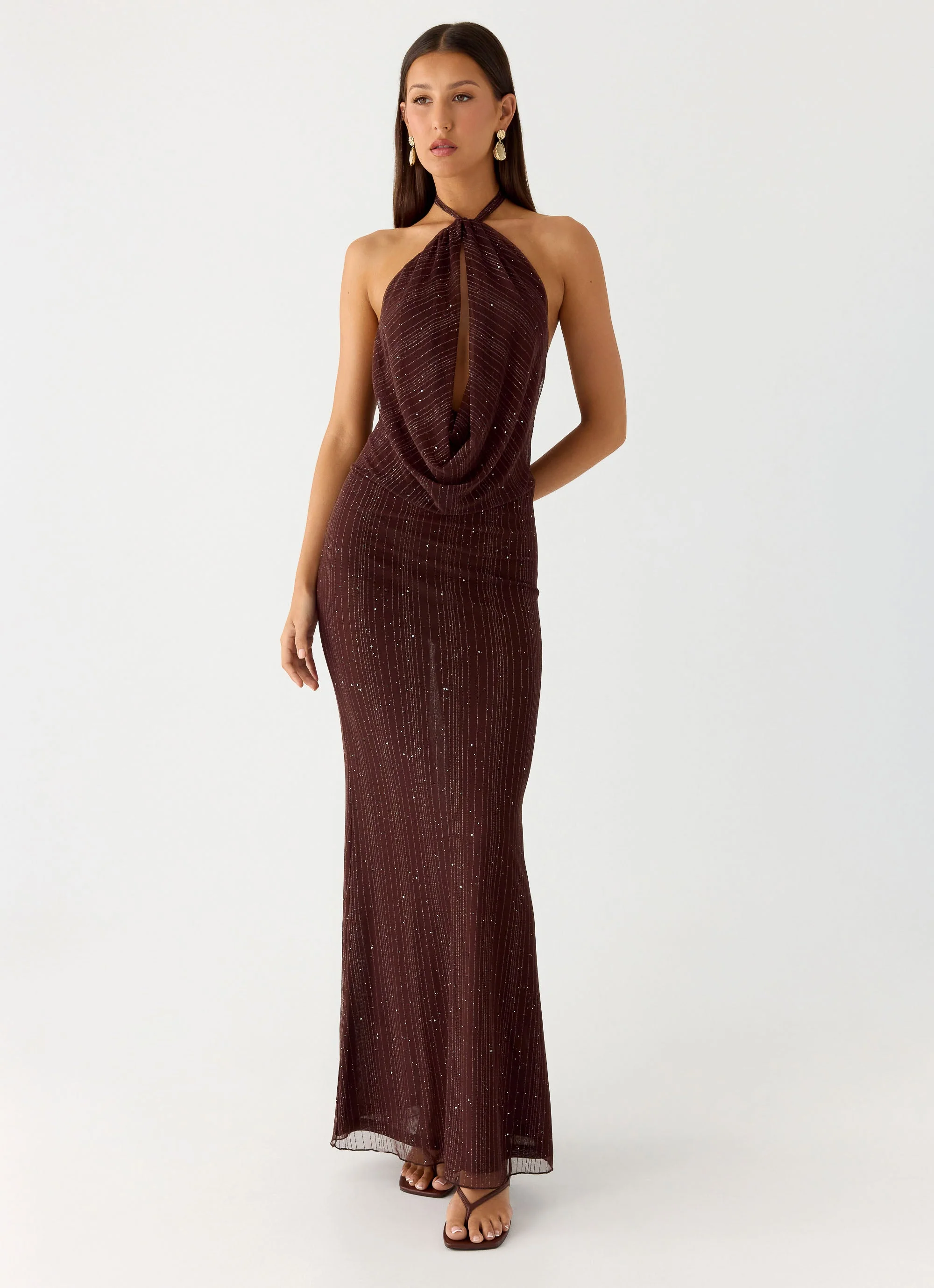 Haylan Sparkle Mesh Maxi Dress - Chocolate - luluinthesky