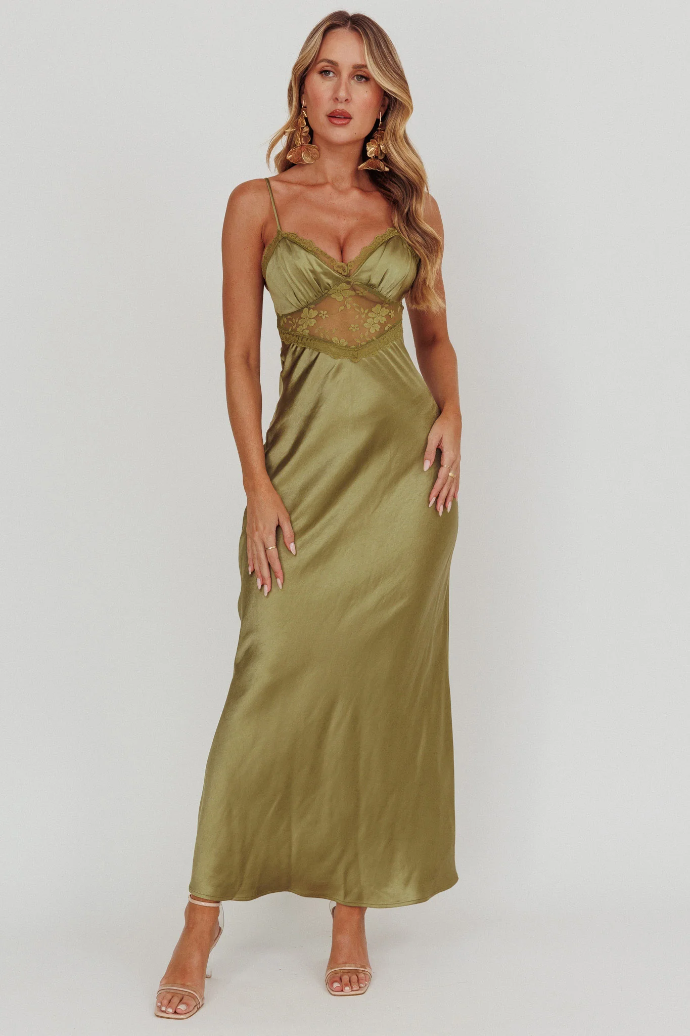 Her theory Lace Trim Maxi Dress Olive - luluinthesky