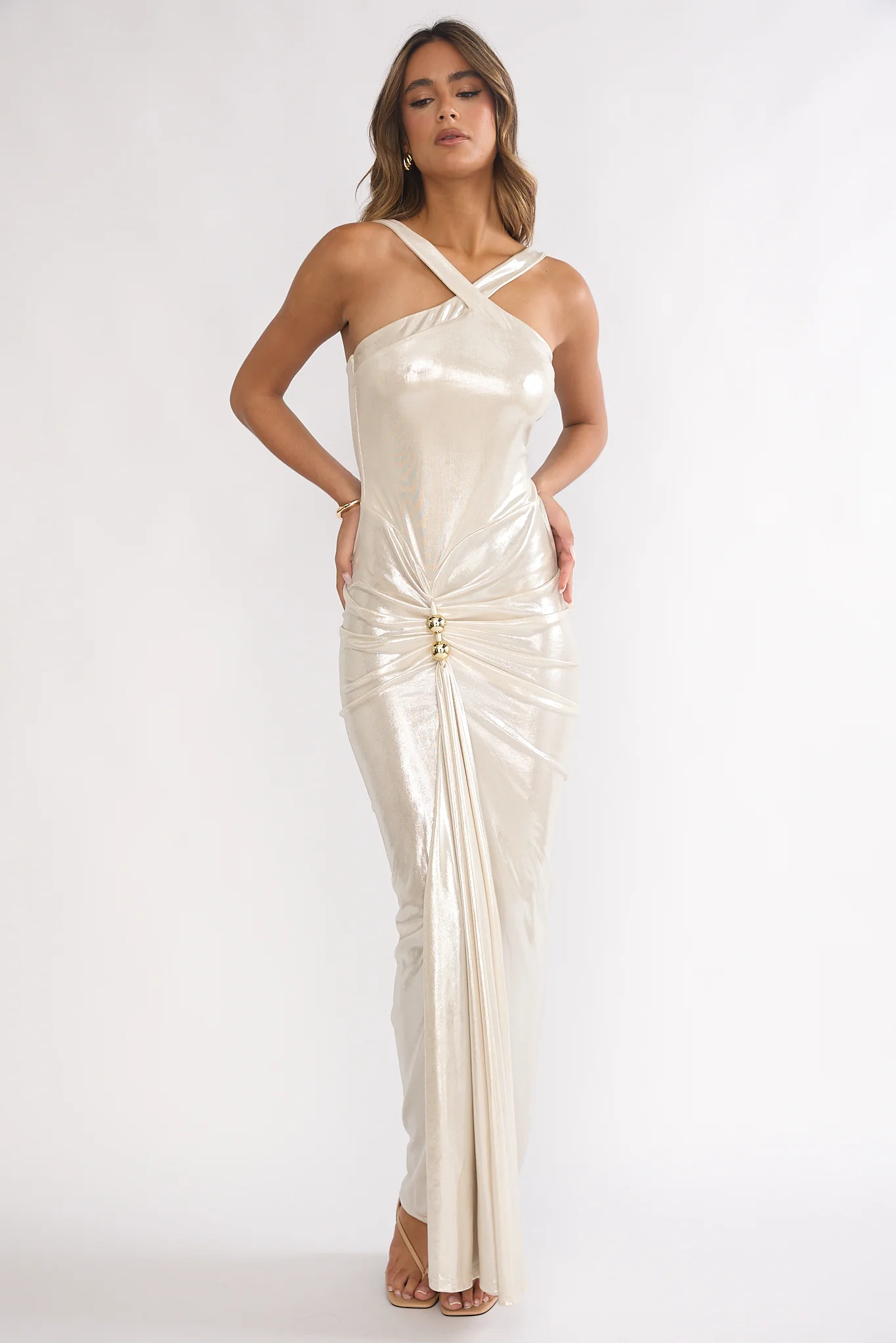 Delaina Ruched Waist Gold Accent Maxi Dress Pearl - luluinthesky