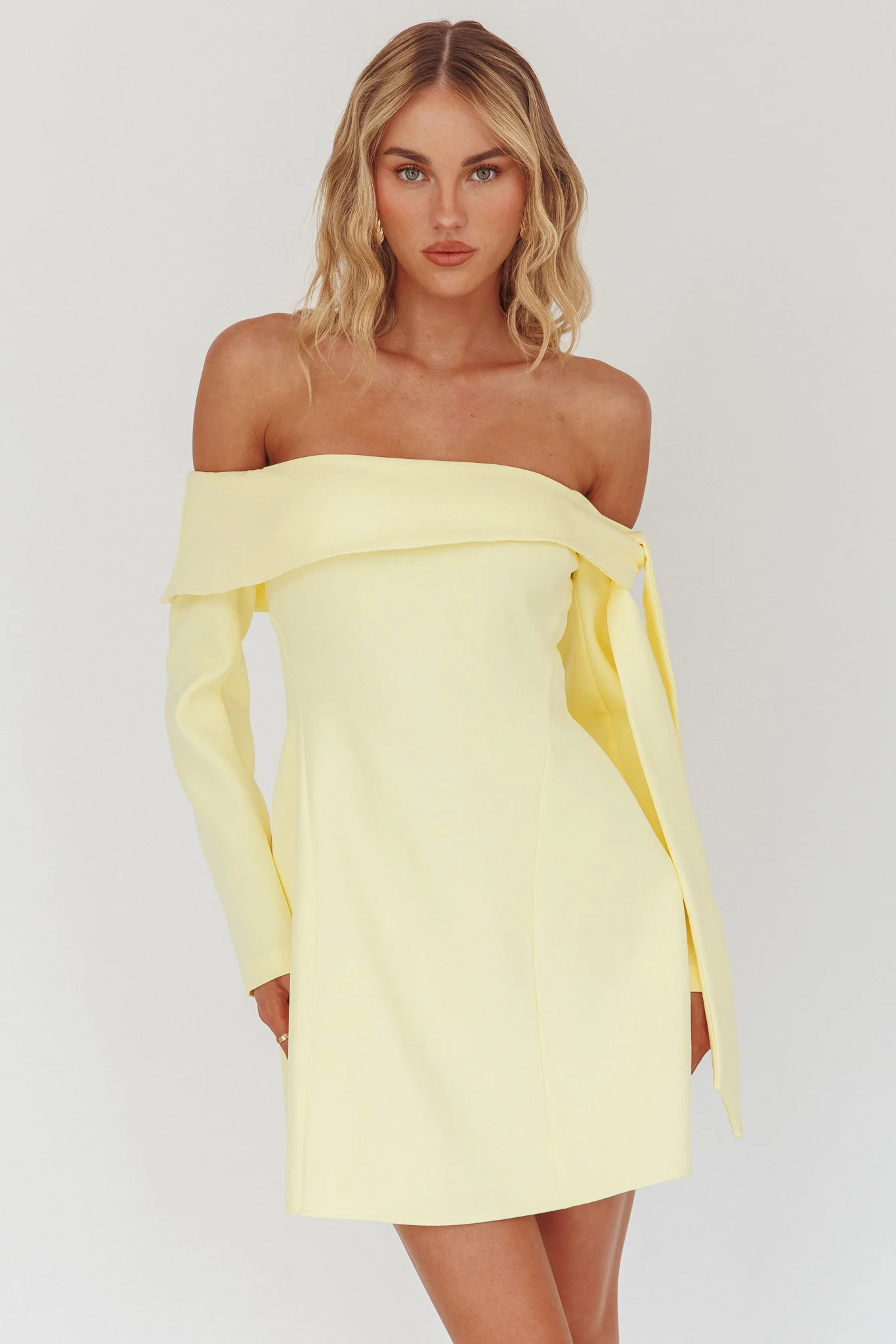 Aurora Sky Off-Shoulder Tie Mini Dress Lemon - luluinthesky