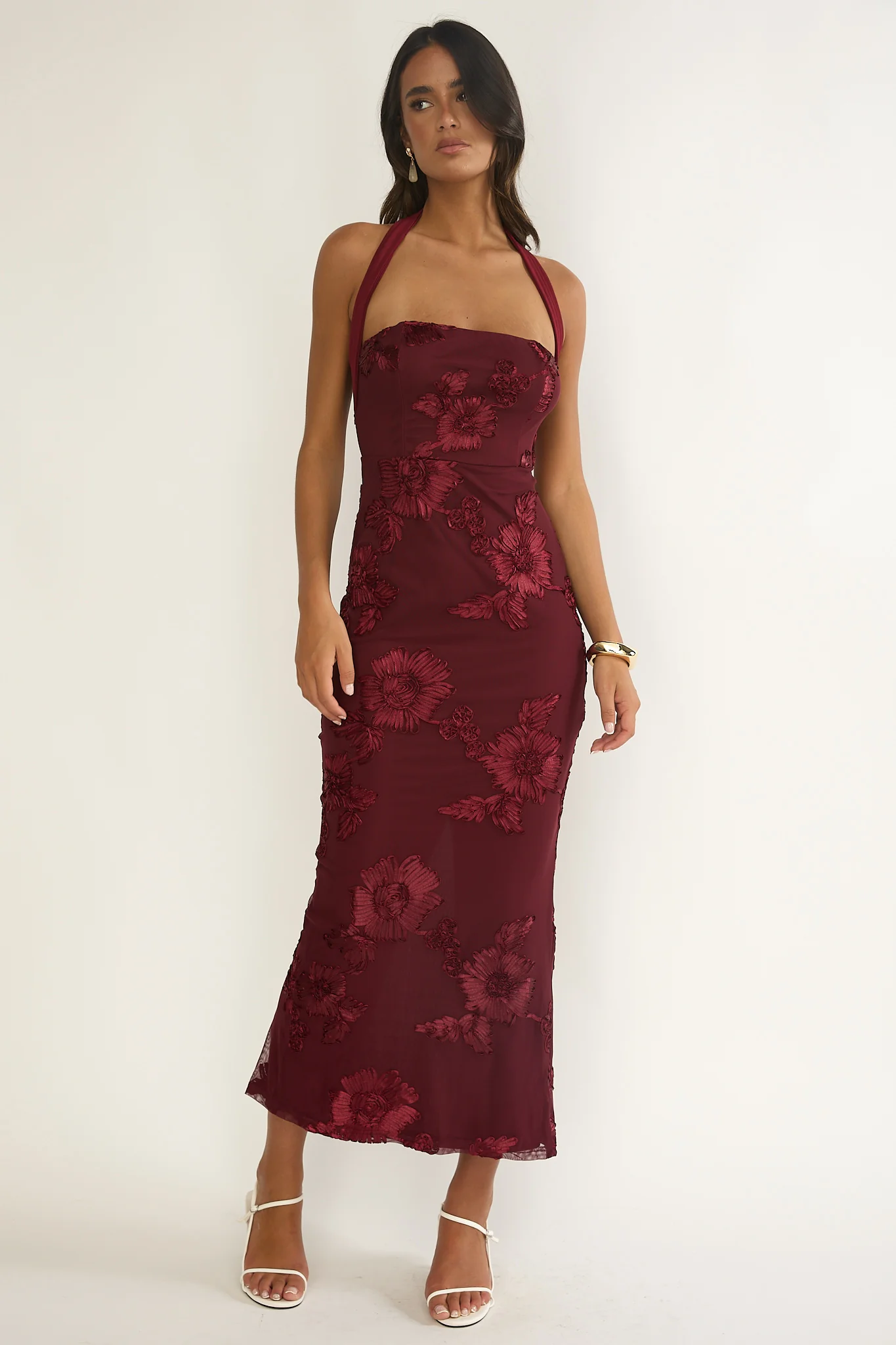 Serenya Halterneck Embellished Maxi Dress Wine - luluinthesky