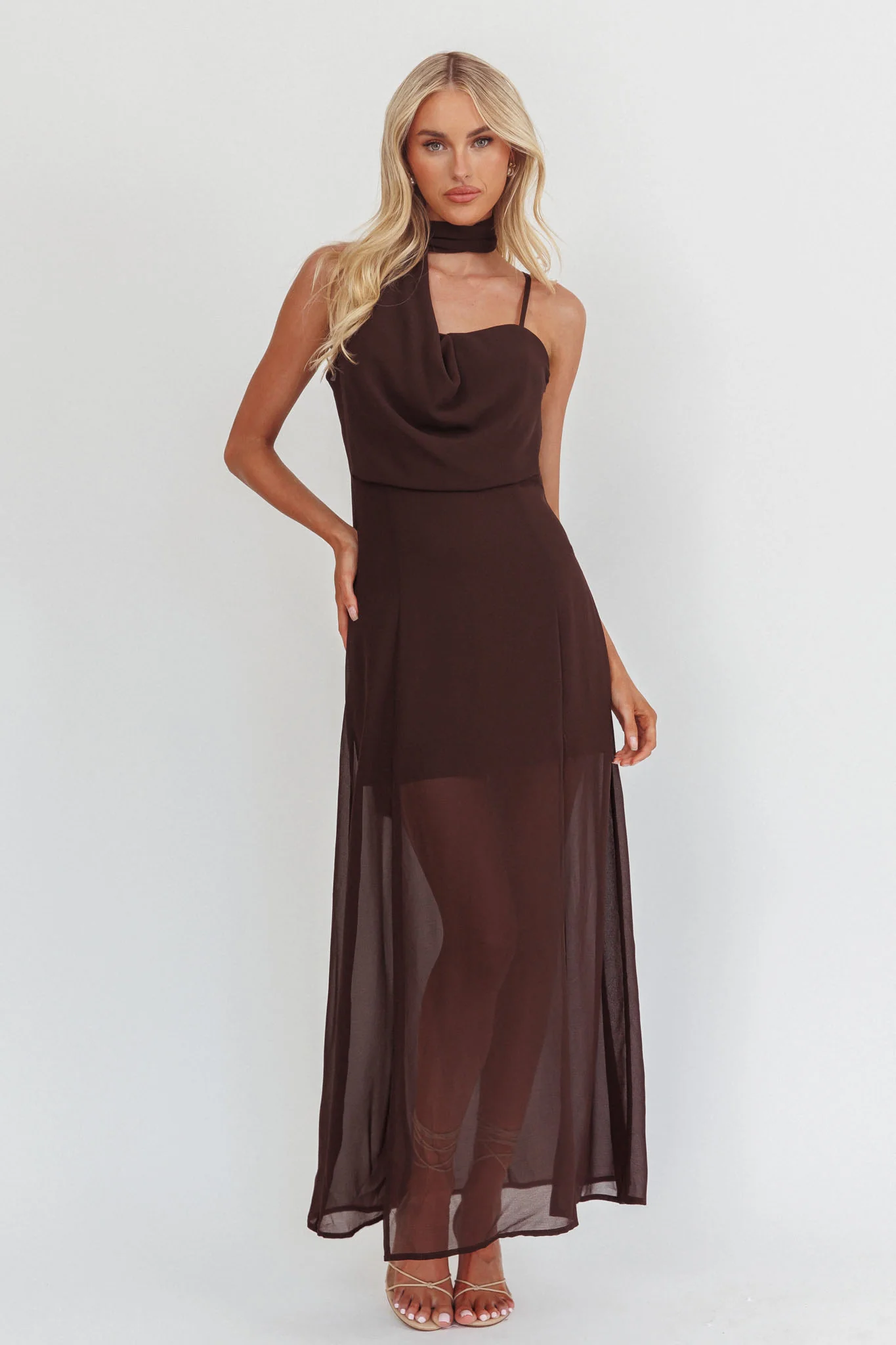 My Paradise Neck Scarf Maxi Dress Chocolate - luluinthesky
