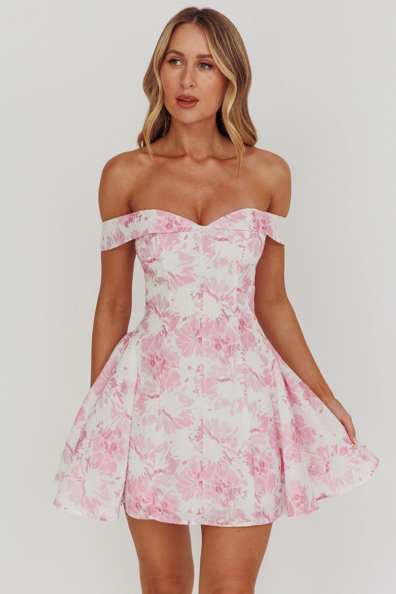 Courting Off-Shoulder Mini Dress Floral Pink - luluinthesky