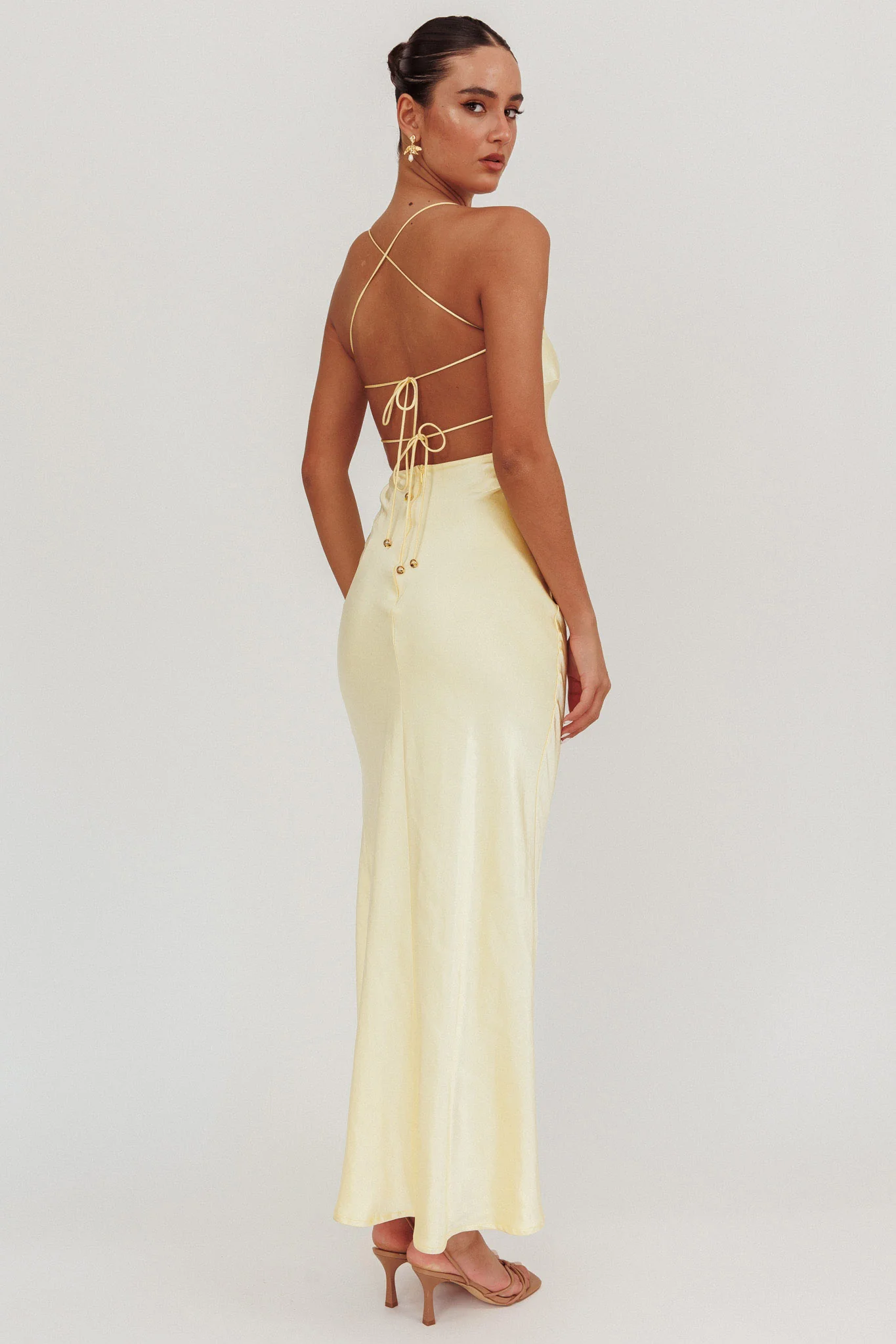 Dolce Life Backless Satin Maxi Dress Butter - luluinthesky