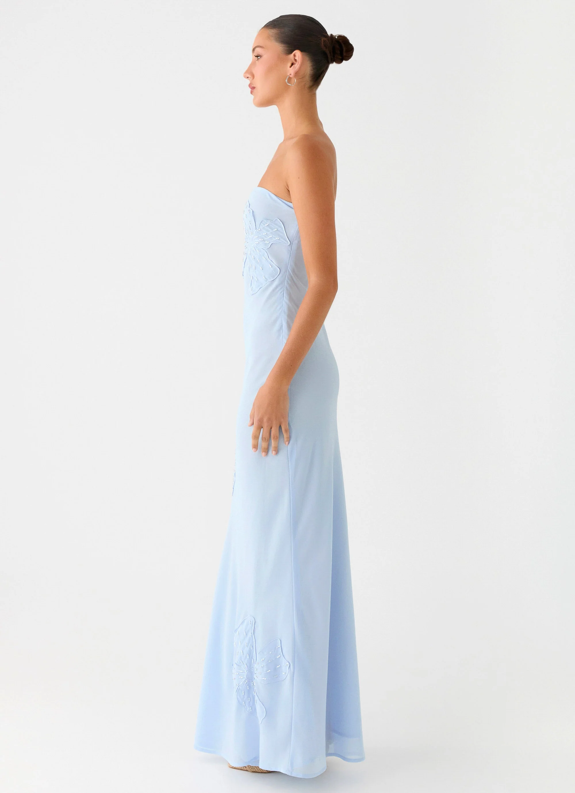 Sassafras Beaded Flower Strapless Maxi Dress - Blue - luluinthesky