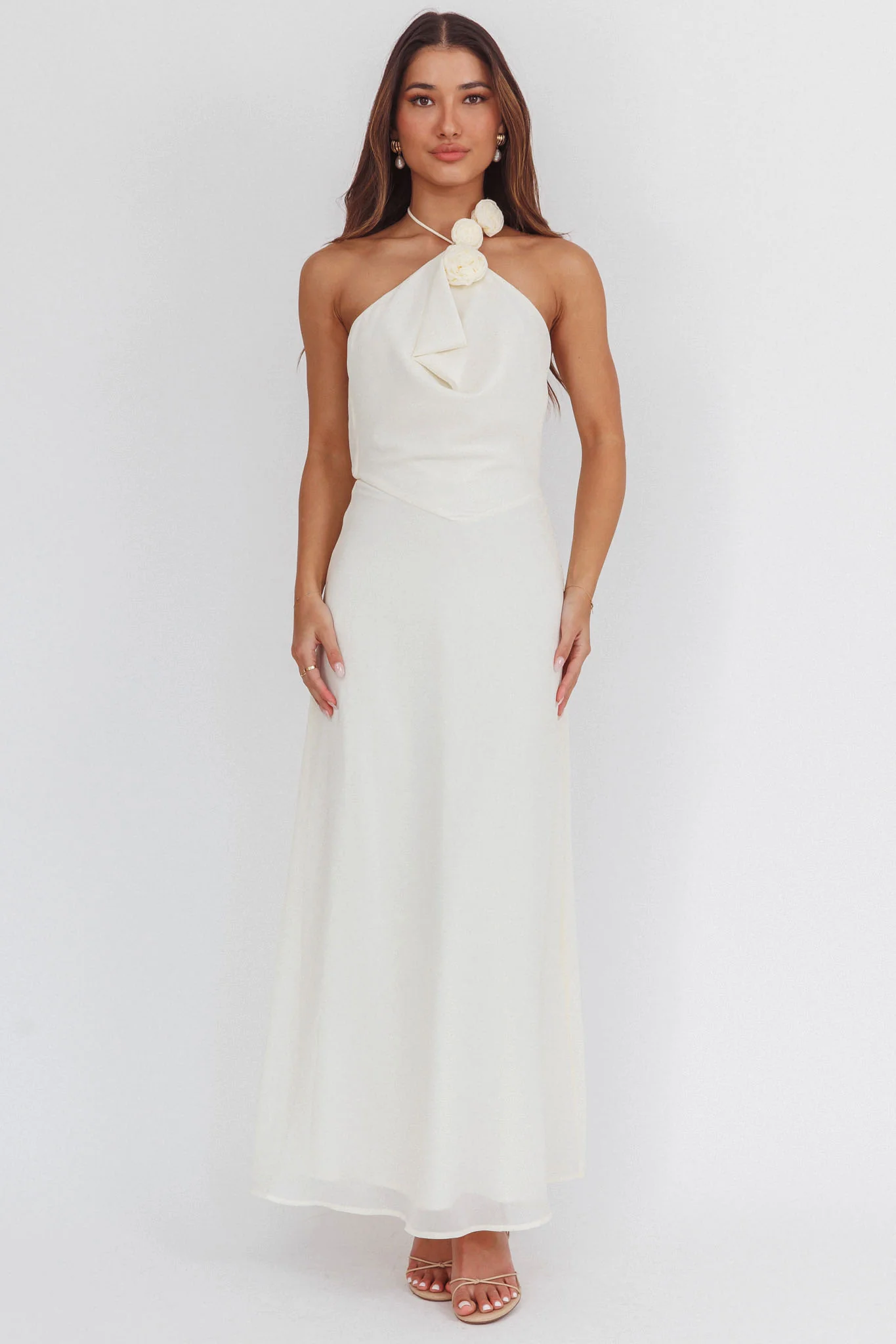 Petronilla Rosette Halterneck Maxi Dress Eggshell - luluinthesky