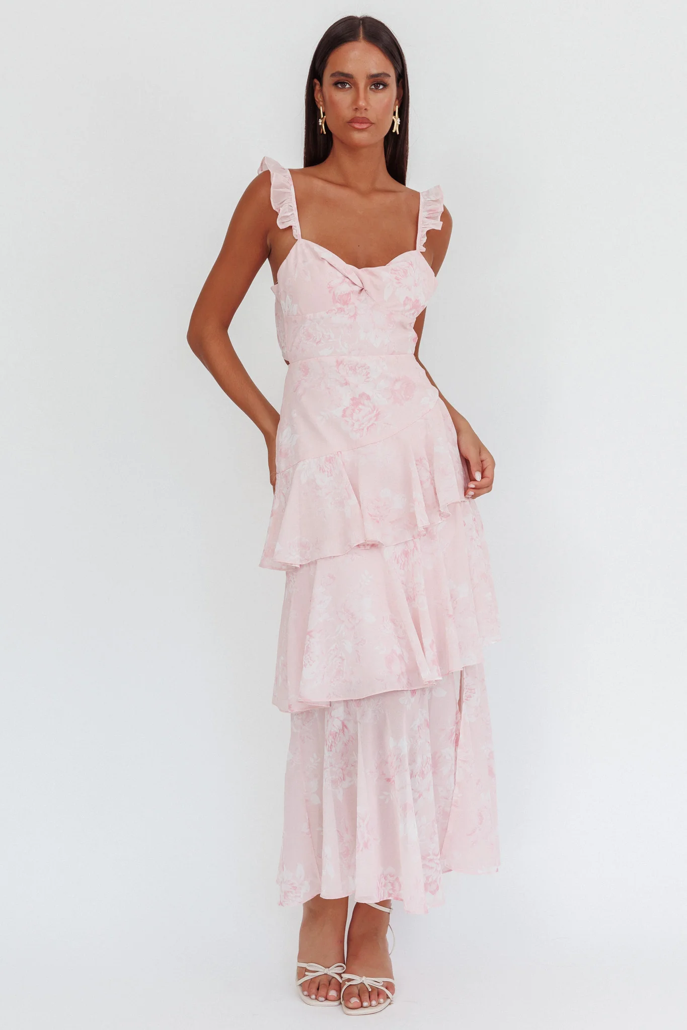 Veda Ruffle Strap Split Maxi Dress Roses Blush - luluinthesky