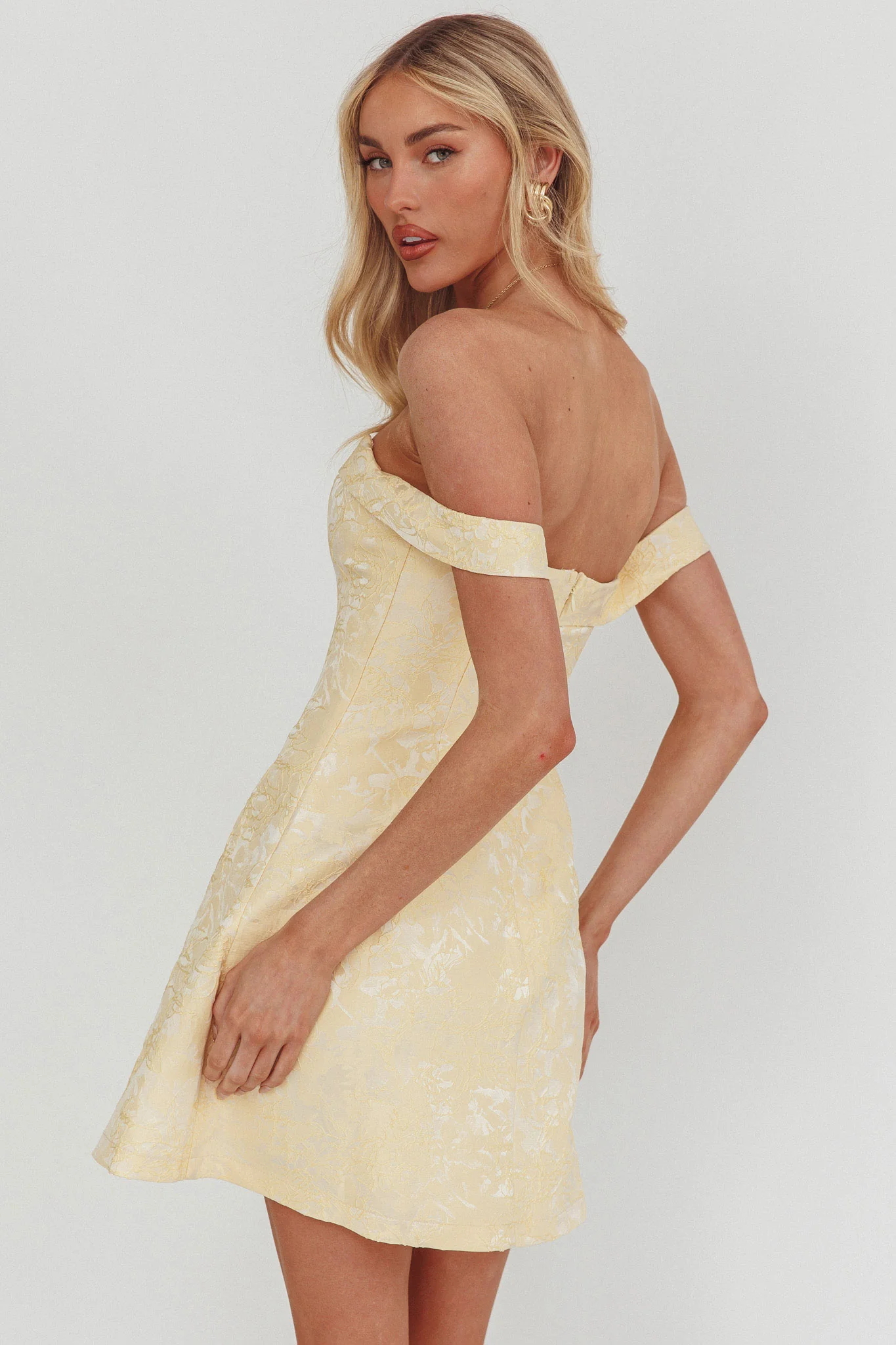 Mikado Off-Shoulder Foldover Mini Dress Jacquard Butter - luluinthesky