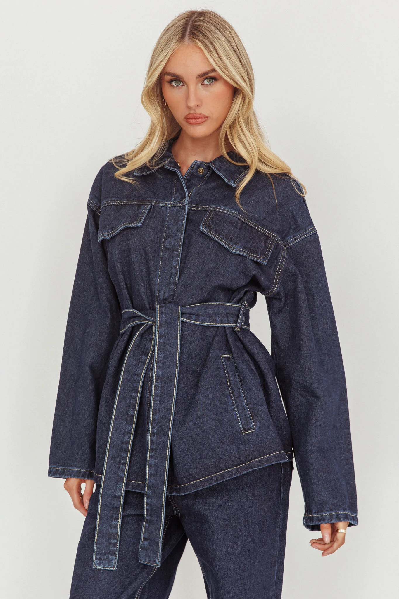 Belisse Waist Tie Button Jacket Denim Blue - luluinthesky