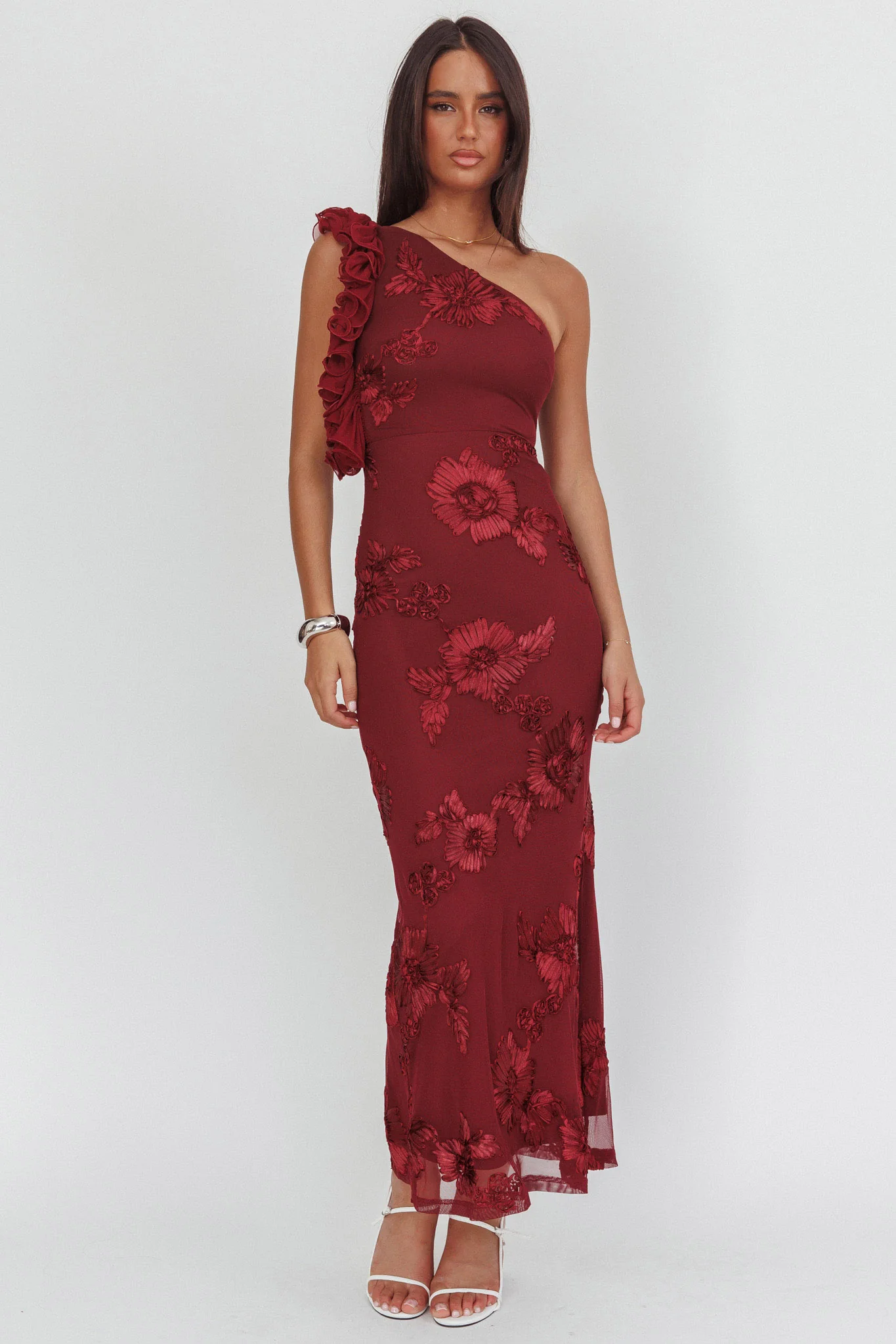 Deanna One-Shoulder Ruffle Maxi Dress Floral Texture Wine - luluinthesky