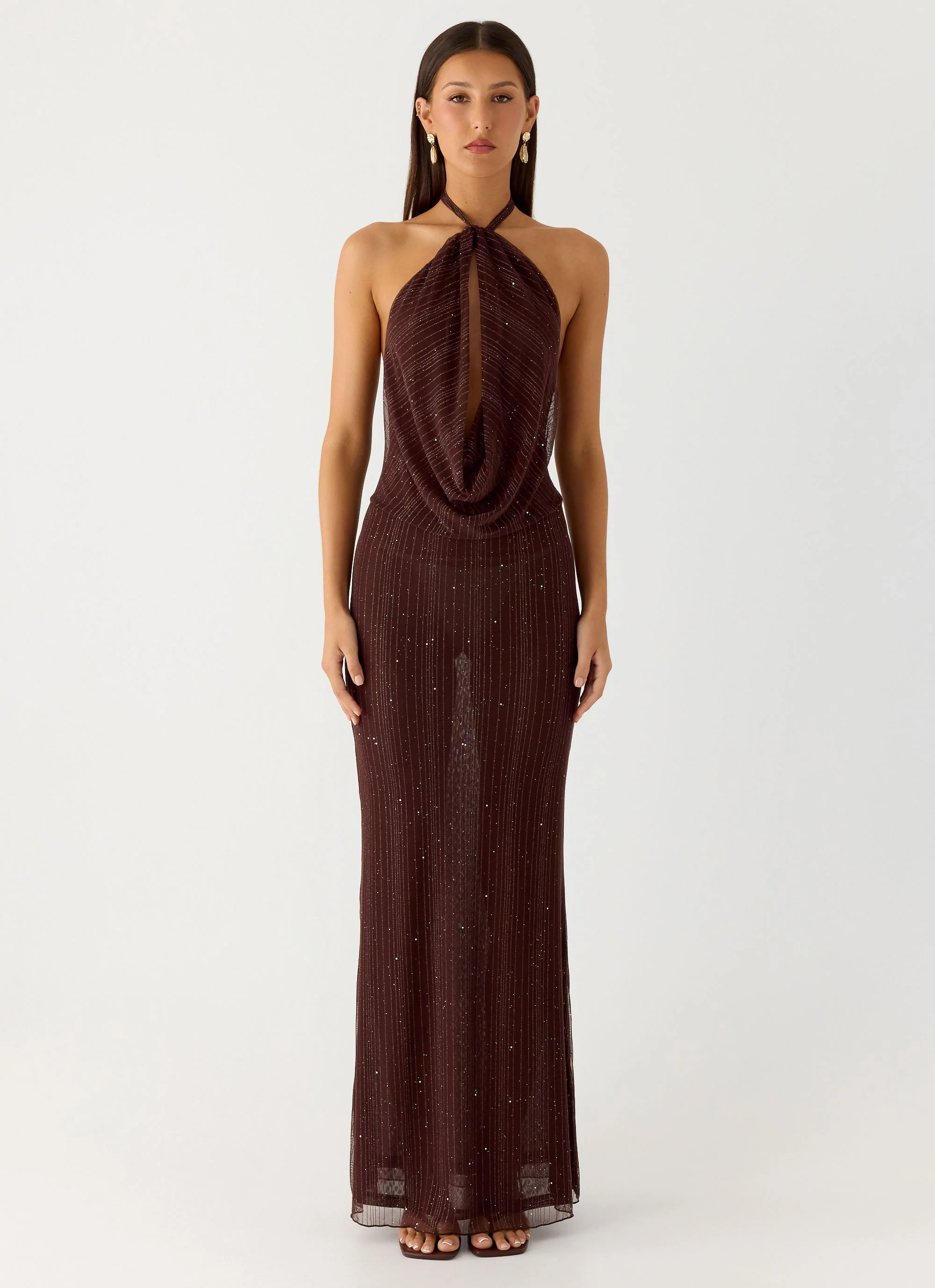 Haylan Sparkle Mesh Maxi Dress - Chocolate - luluinthesky