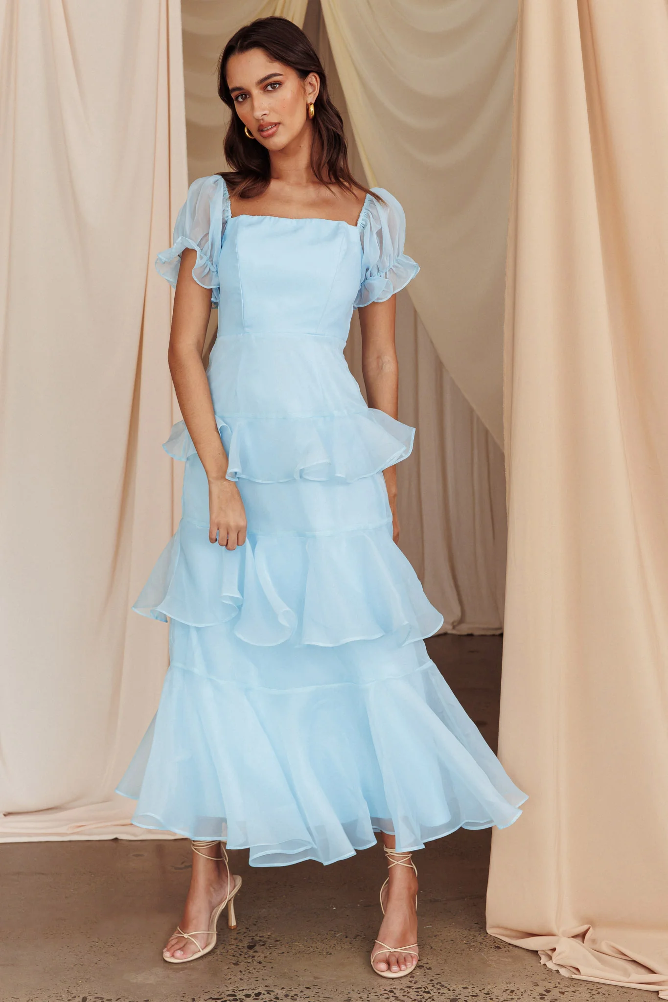 Delwynn Puff Sleeve Layered Midi Dress Blue - luluinthesky