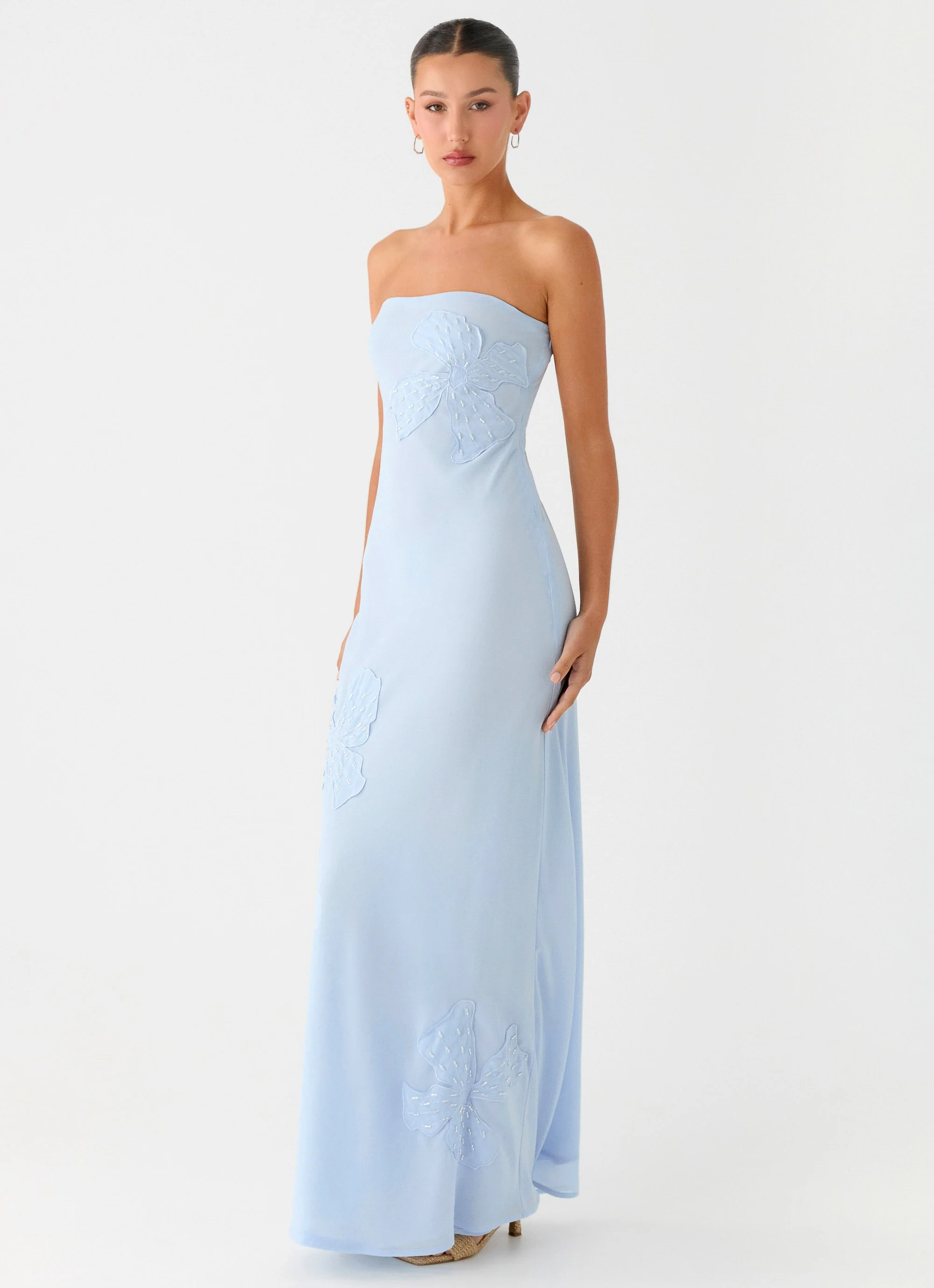 Sassafras Beaded Flower Strapless Maxi Dress - Blue - luluinthesky