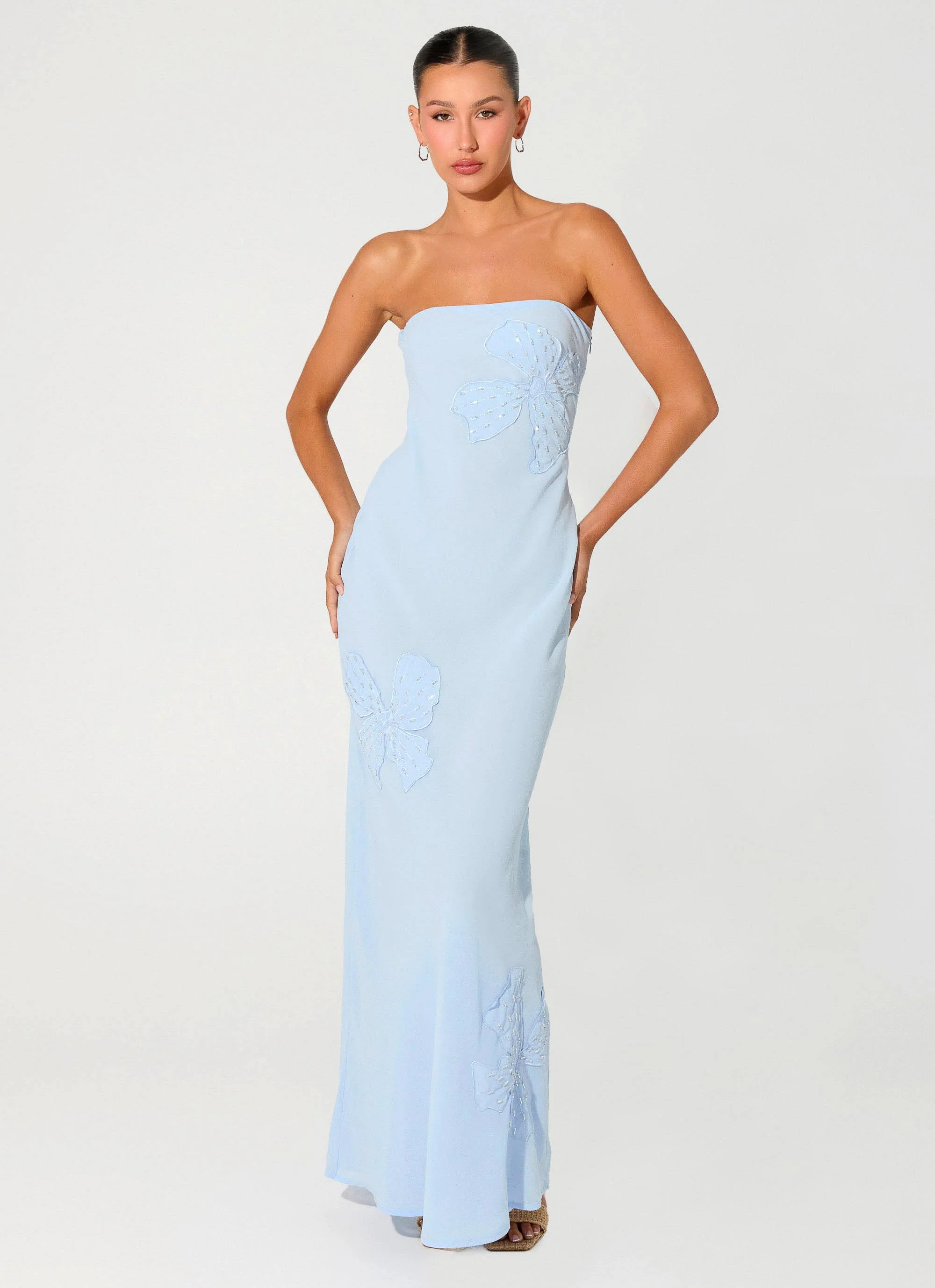 Sassafras Beaded Flower Strapless Maxi Dress - Blue - luluinthesky