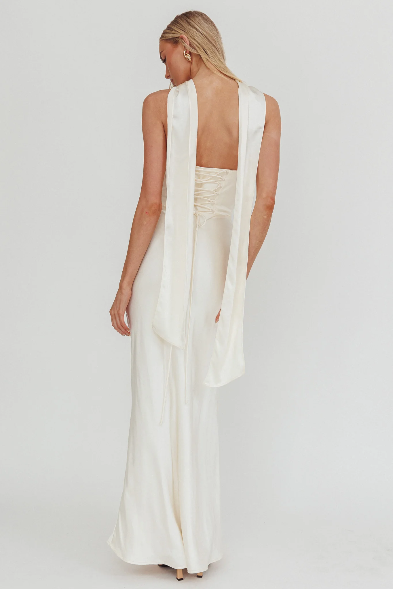 Navi Strapless Laced Back Maxi Dress Oyster - luluinthesky