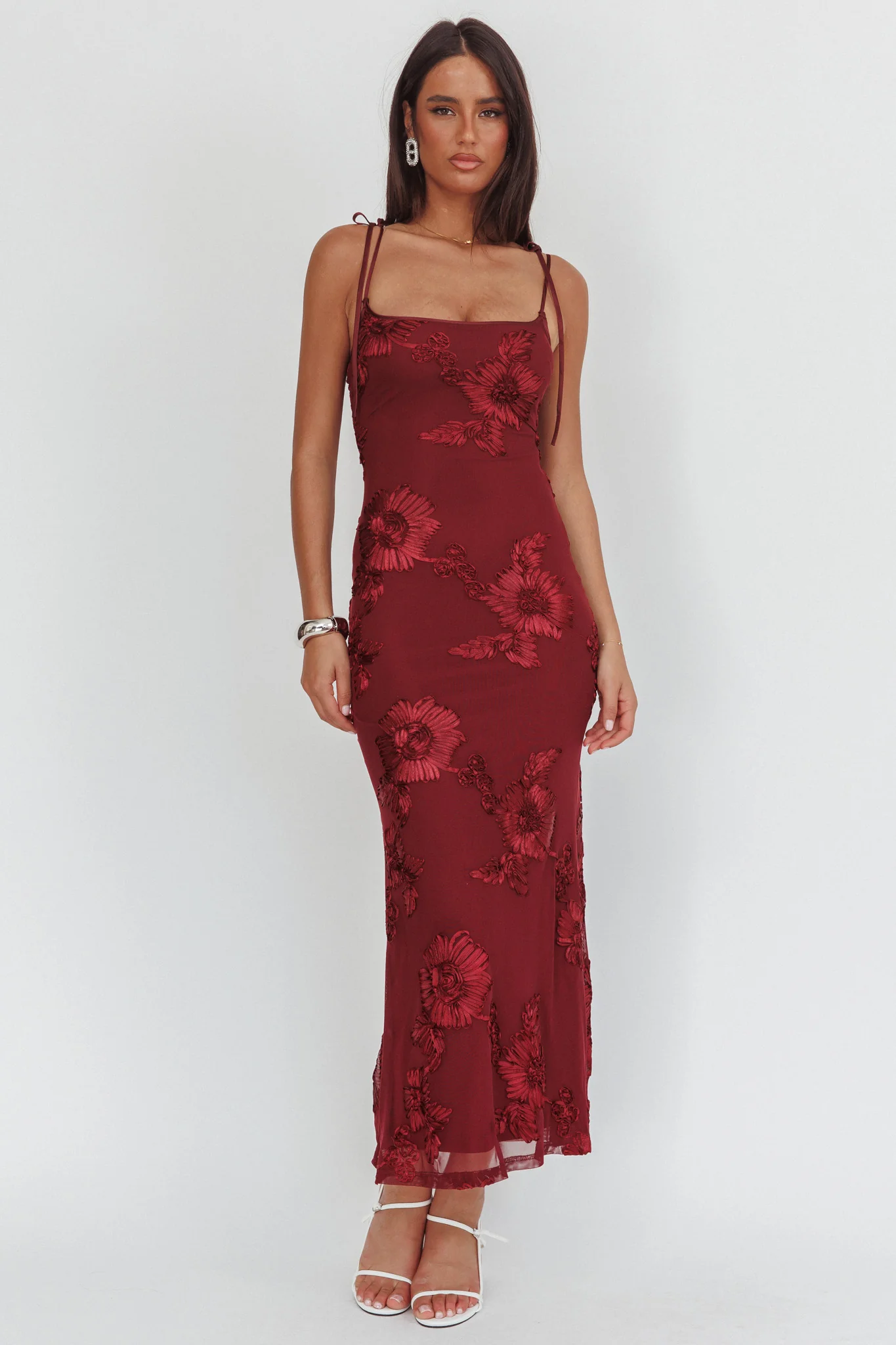 Kaela Tied Shoulder Maxi Dress Embellished Wine - luluinthesky