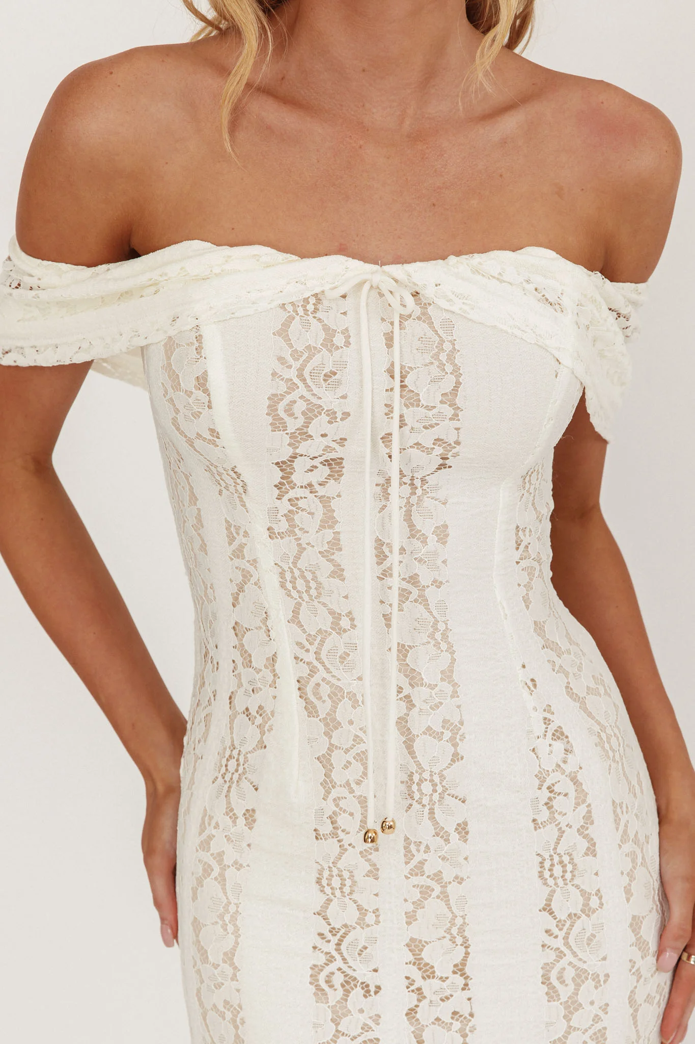 Enigma Off-Shoulder Maxi Dress Lace Cream - luluinthesky