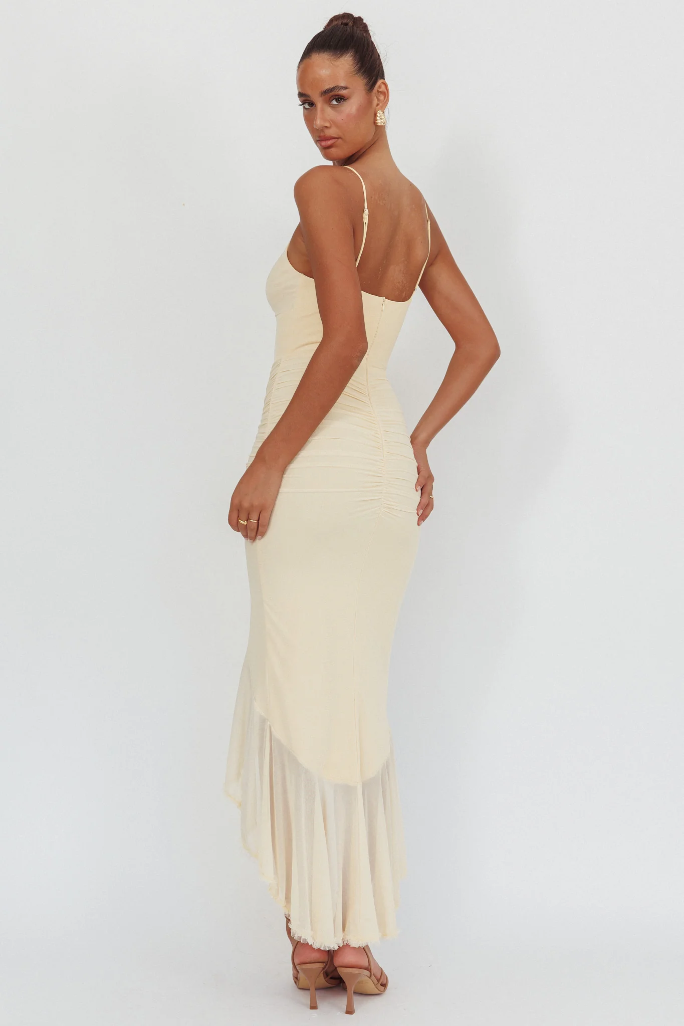 Kamilah Gathered Cascading Ruffle Midi Dress Butter - luluinthesky