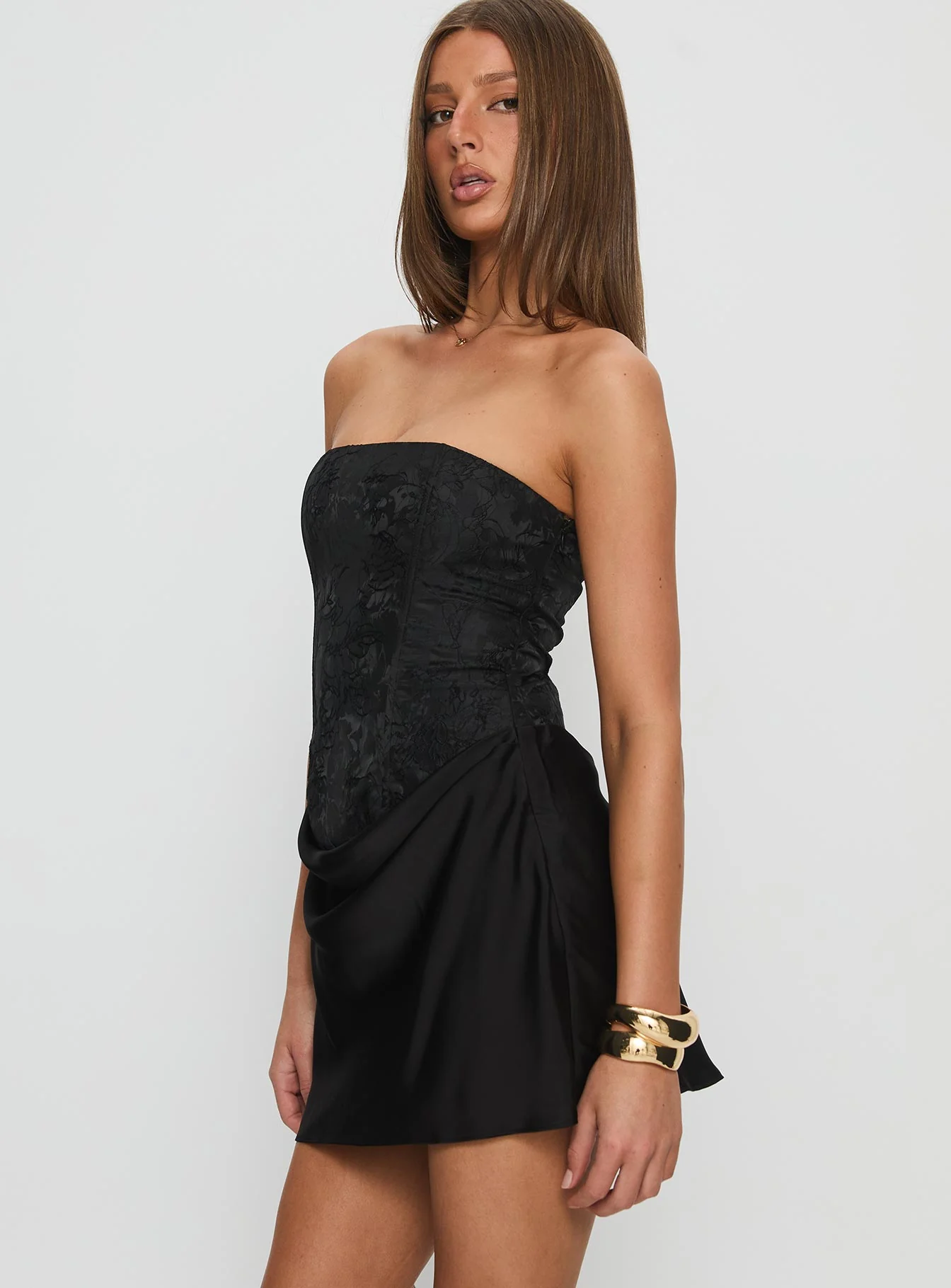 Jenevieve Strapless Drape Mini Dress Black - luluinthesky