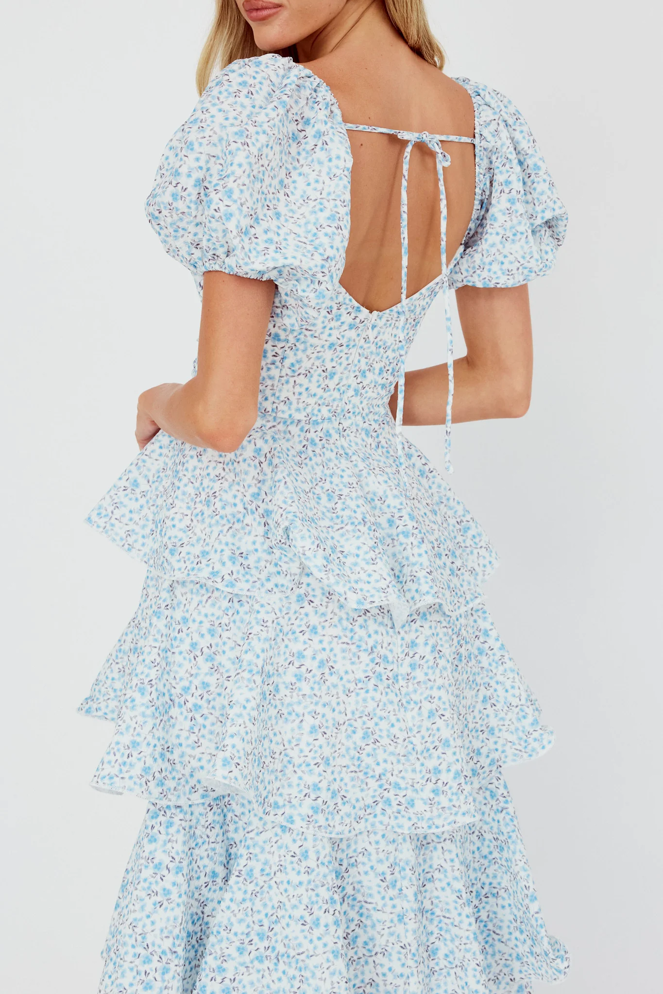 Giavana Puff Sleeve Layered Maxi Dress Floral Blue - luluinthesky