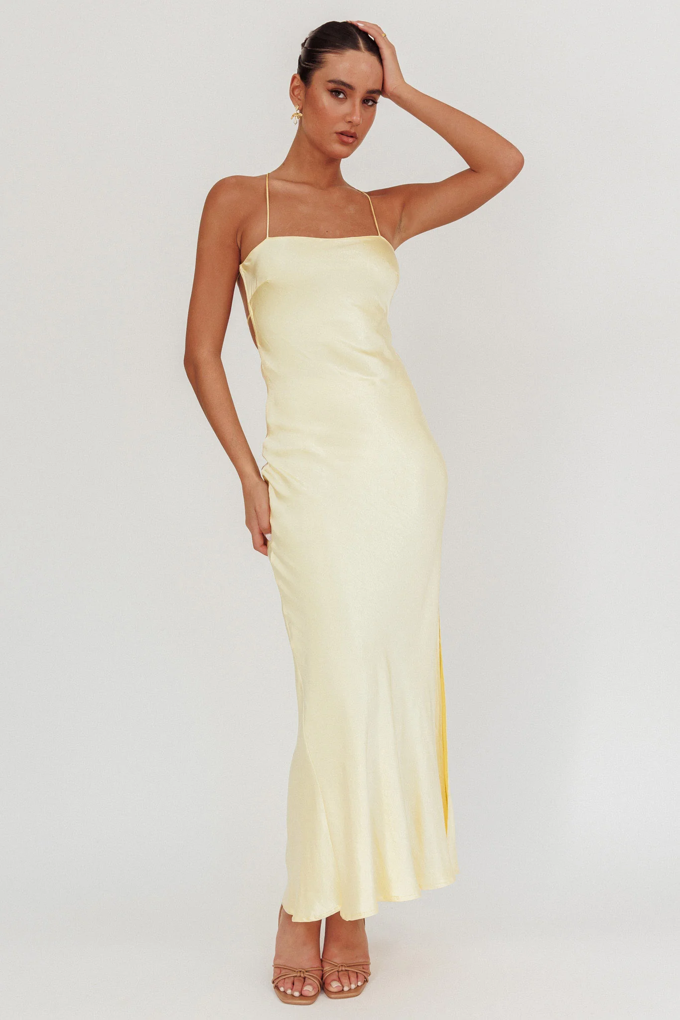 Dolce Life Backless Satin Maxi Dress Butter - luluinthesky
