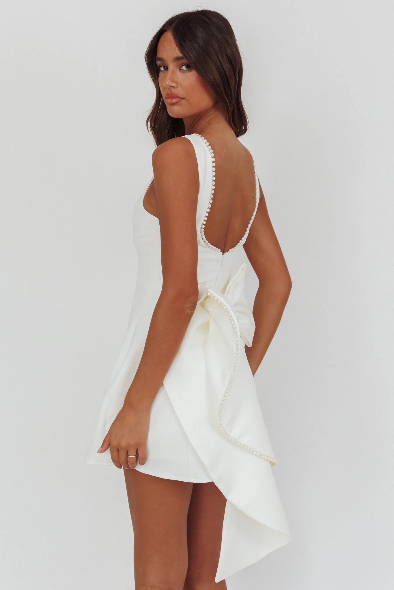Opulent Pearl Trim Oversized Bow Mini Dress White - luluinthesky
