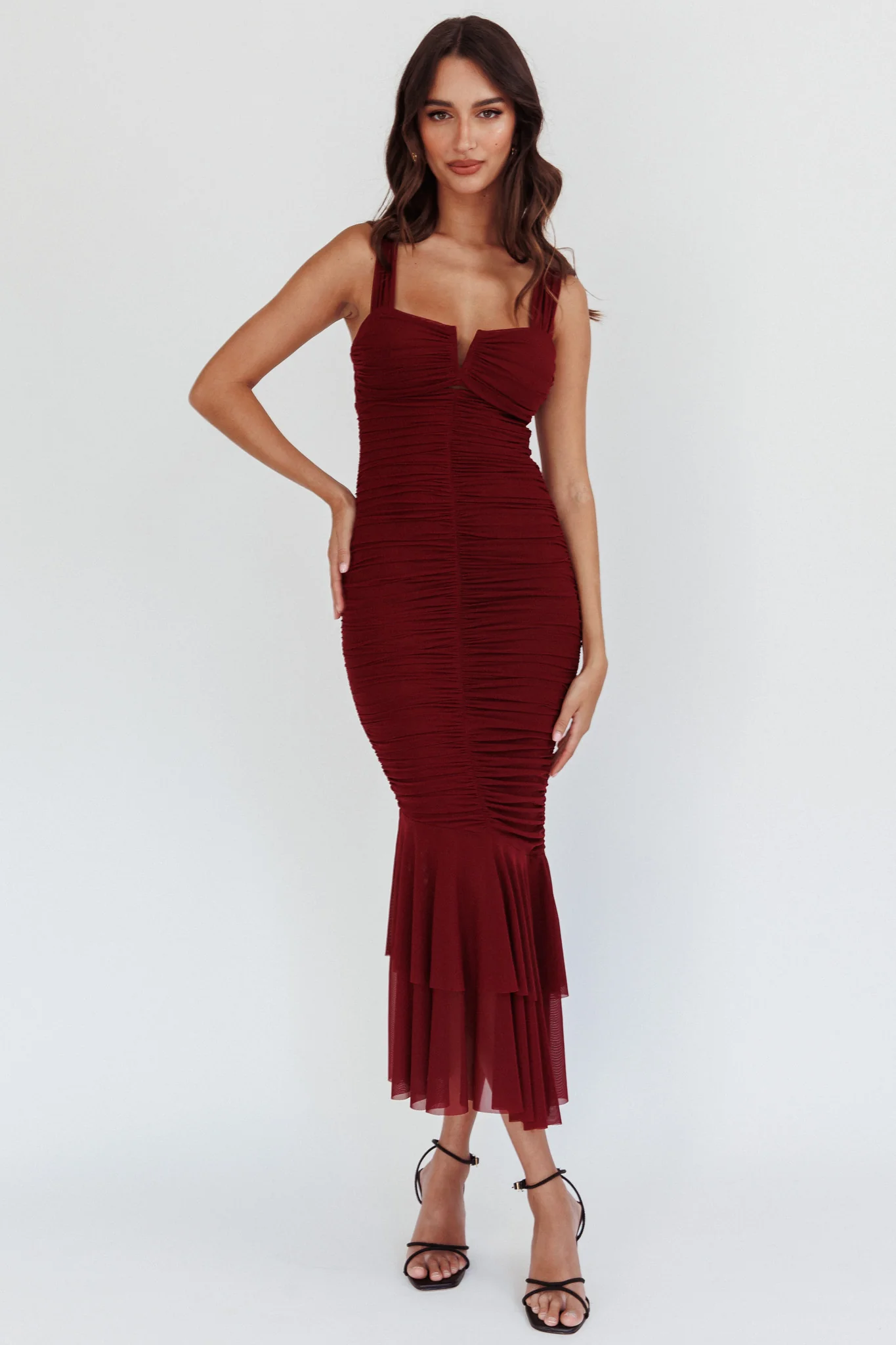 Nadia Ruched Fishtail Maxi Dress Dark Mauve - luluinthesky